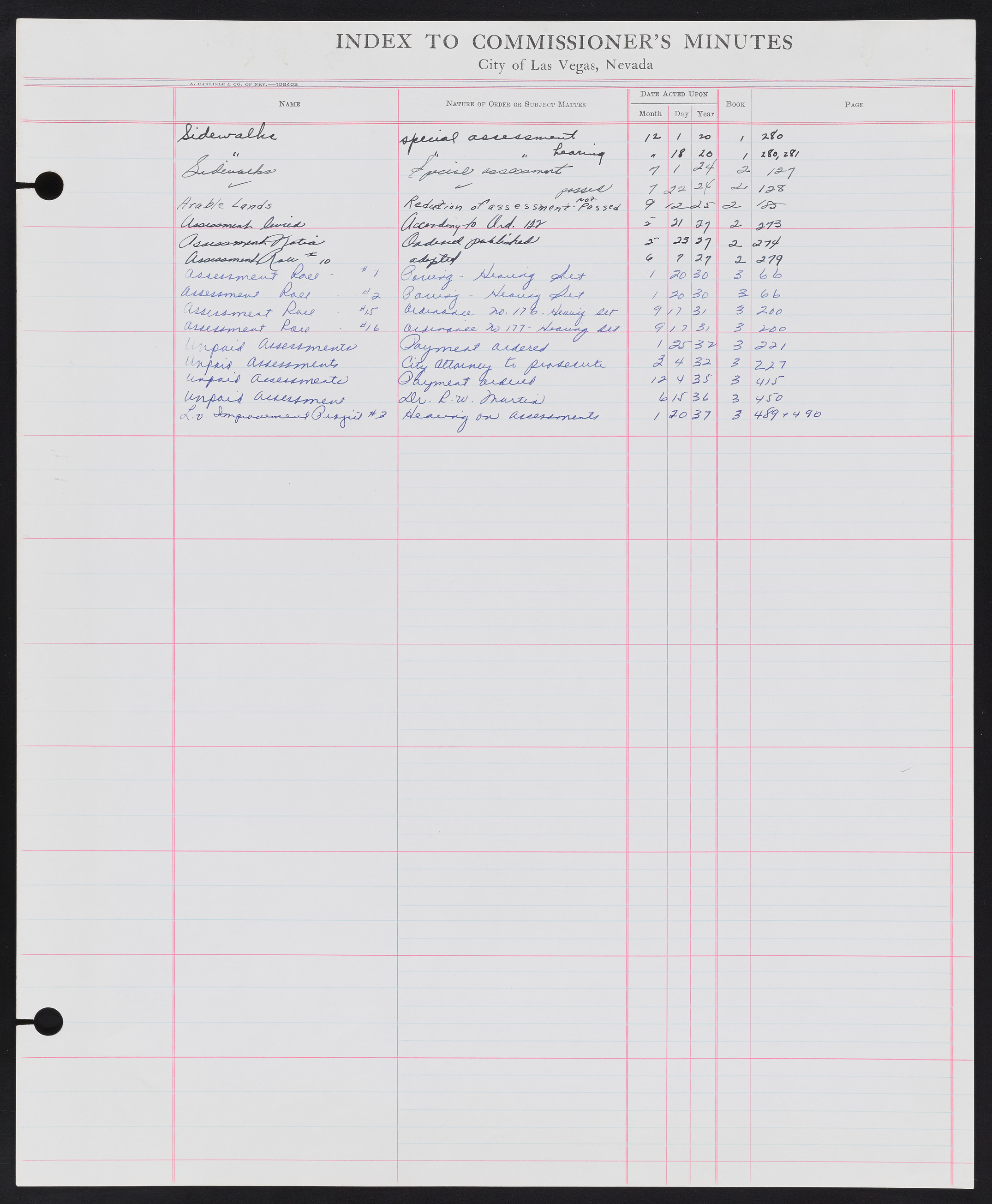 Las Vegas City Commission Minutes Index 1, 1911-1960: documents, item 010