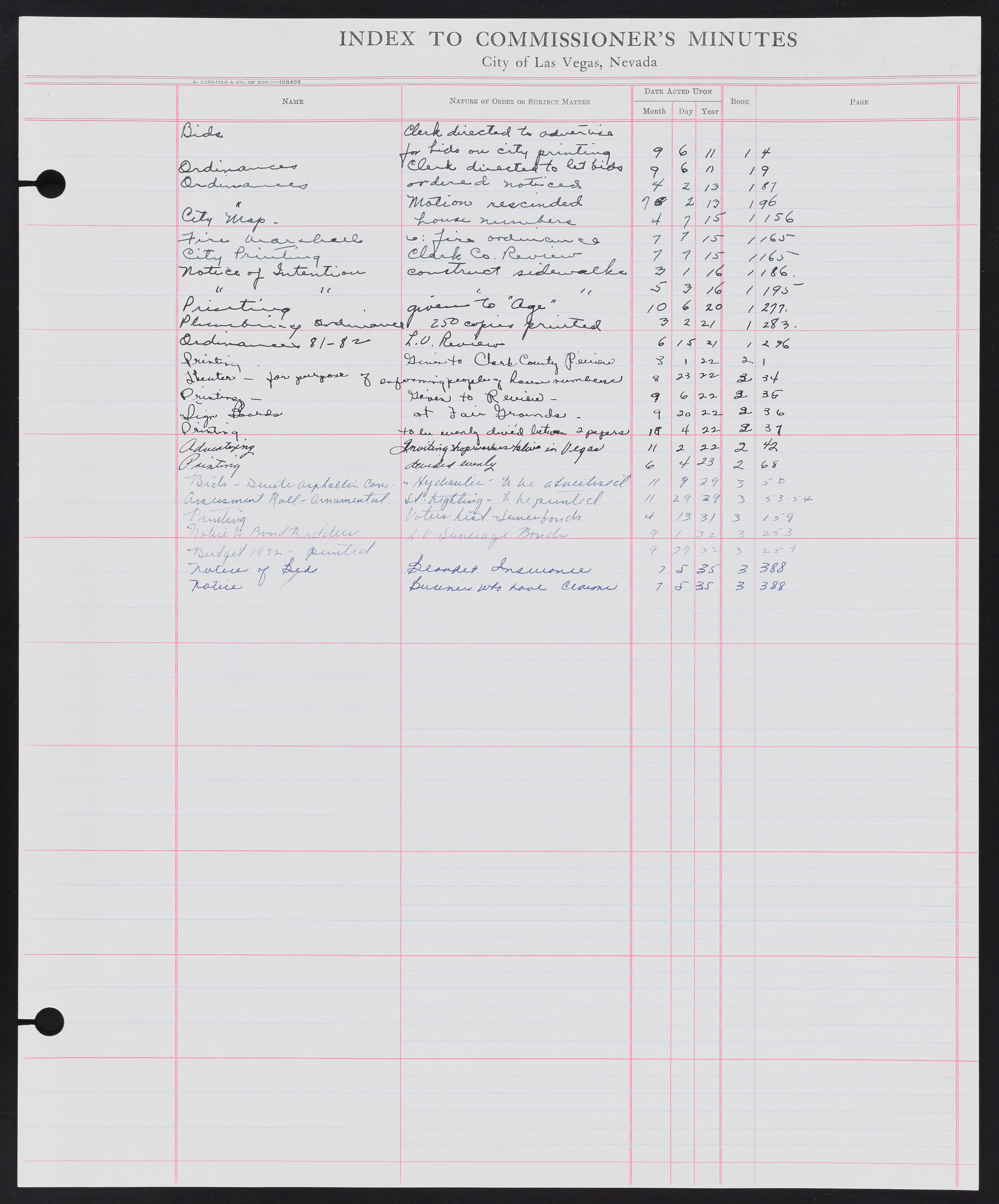 Las Vegas City Commission Minutes Index 1, 1911-1960: documents, item 013