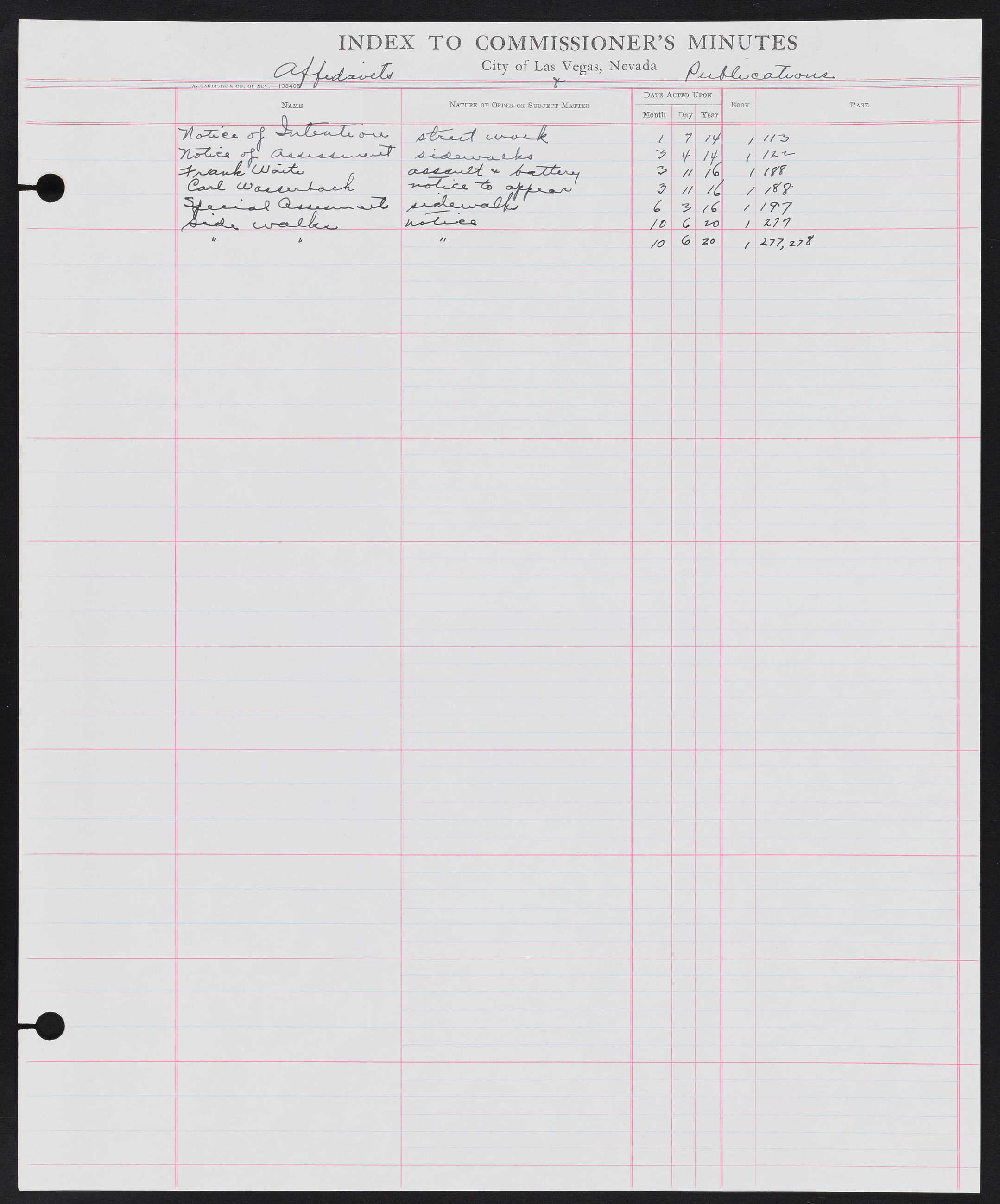 Las Vegas City Commission Minutes Index 1, 1911-1960: documents, item 026