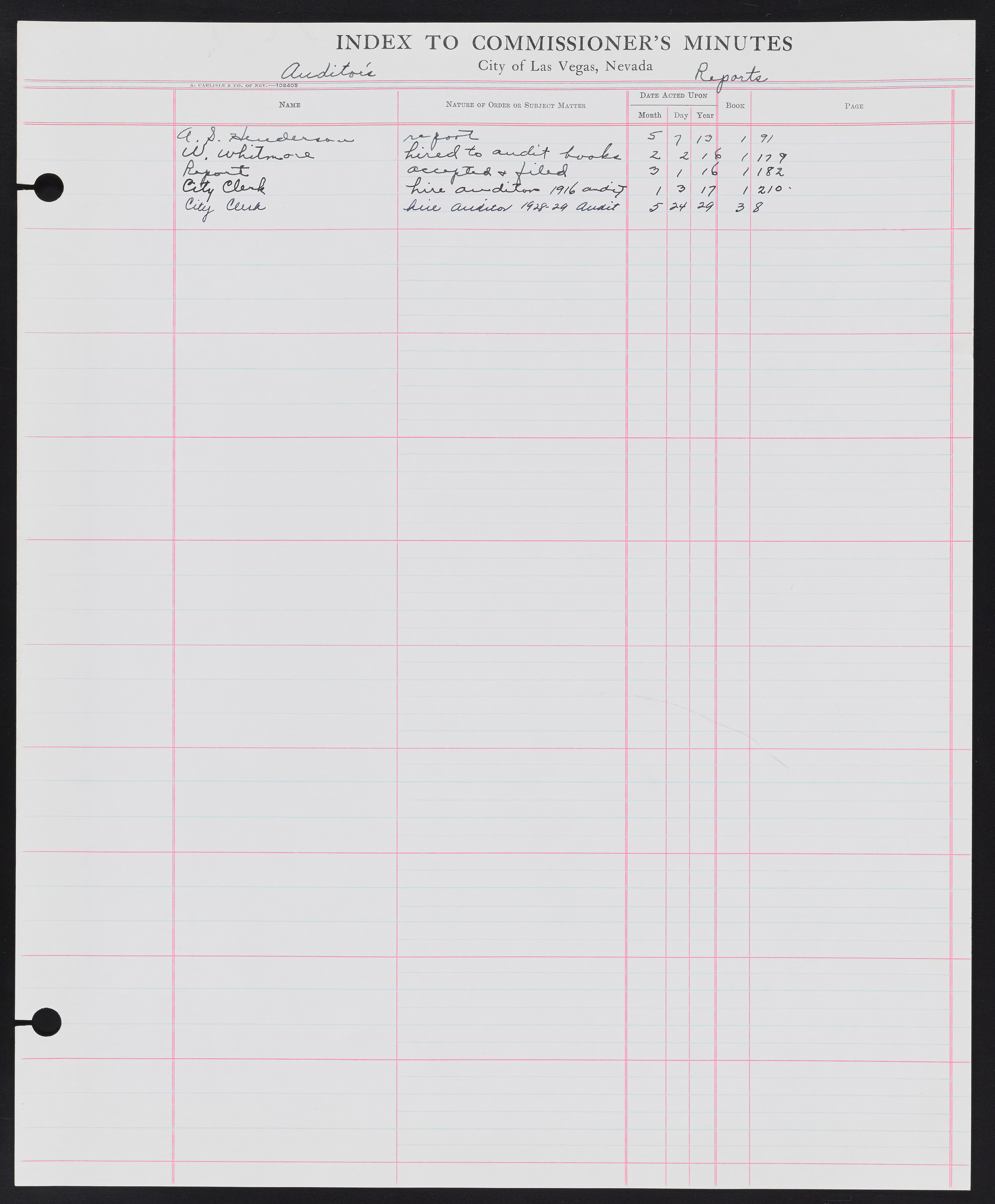 Las Vegas City Commission Minutes Index 1, 1911-1960: documents, item 029