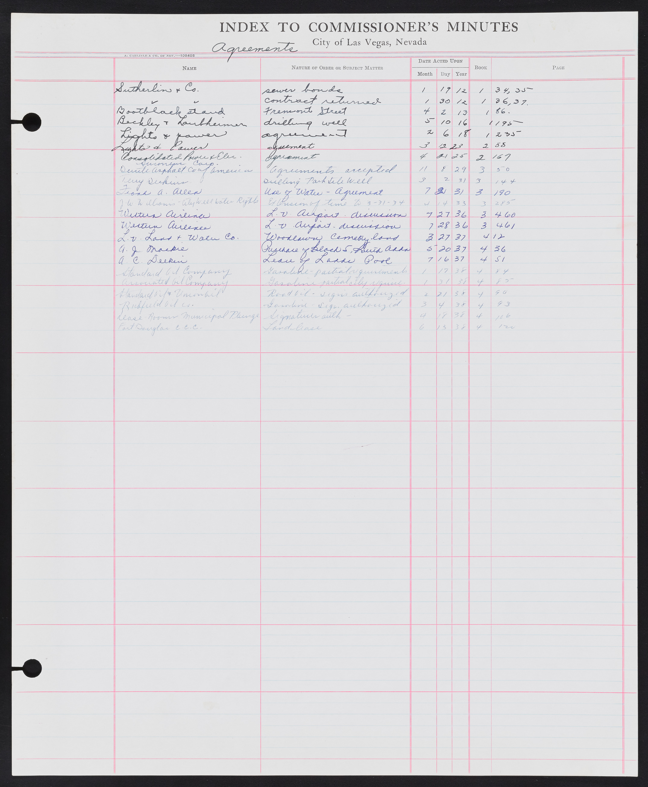 Las Vegas City Commission Minutes Index 1, 1911-1960: documents, item 032