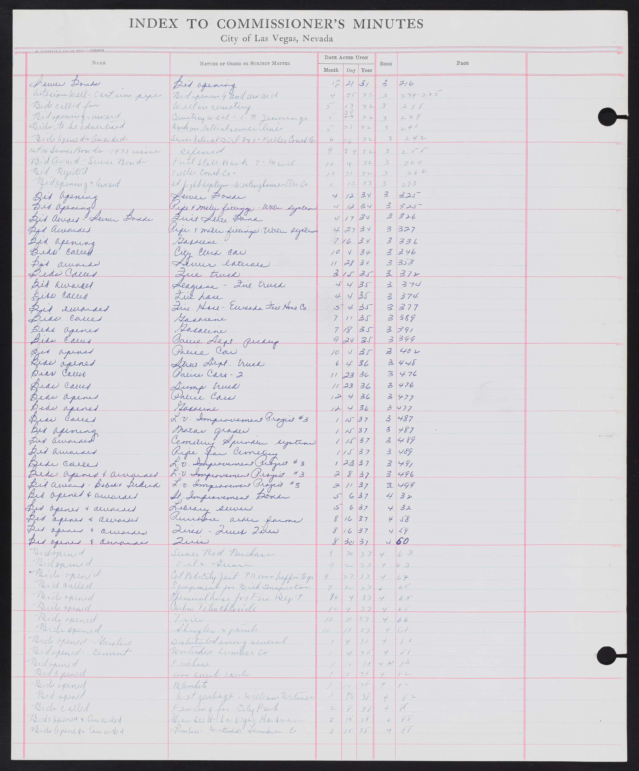 Las Vegas City Commission Minutes Index 1, 1911-1960: documents, item 038