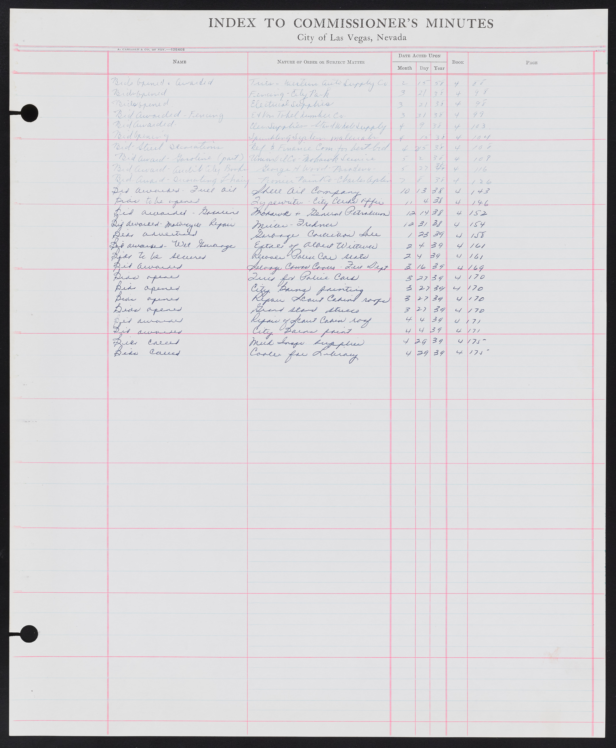 Las Vegas City Commission Minutes Index 1, 1911-1960: documents, item 039