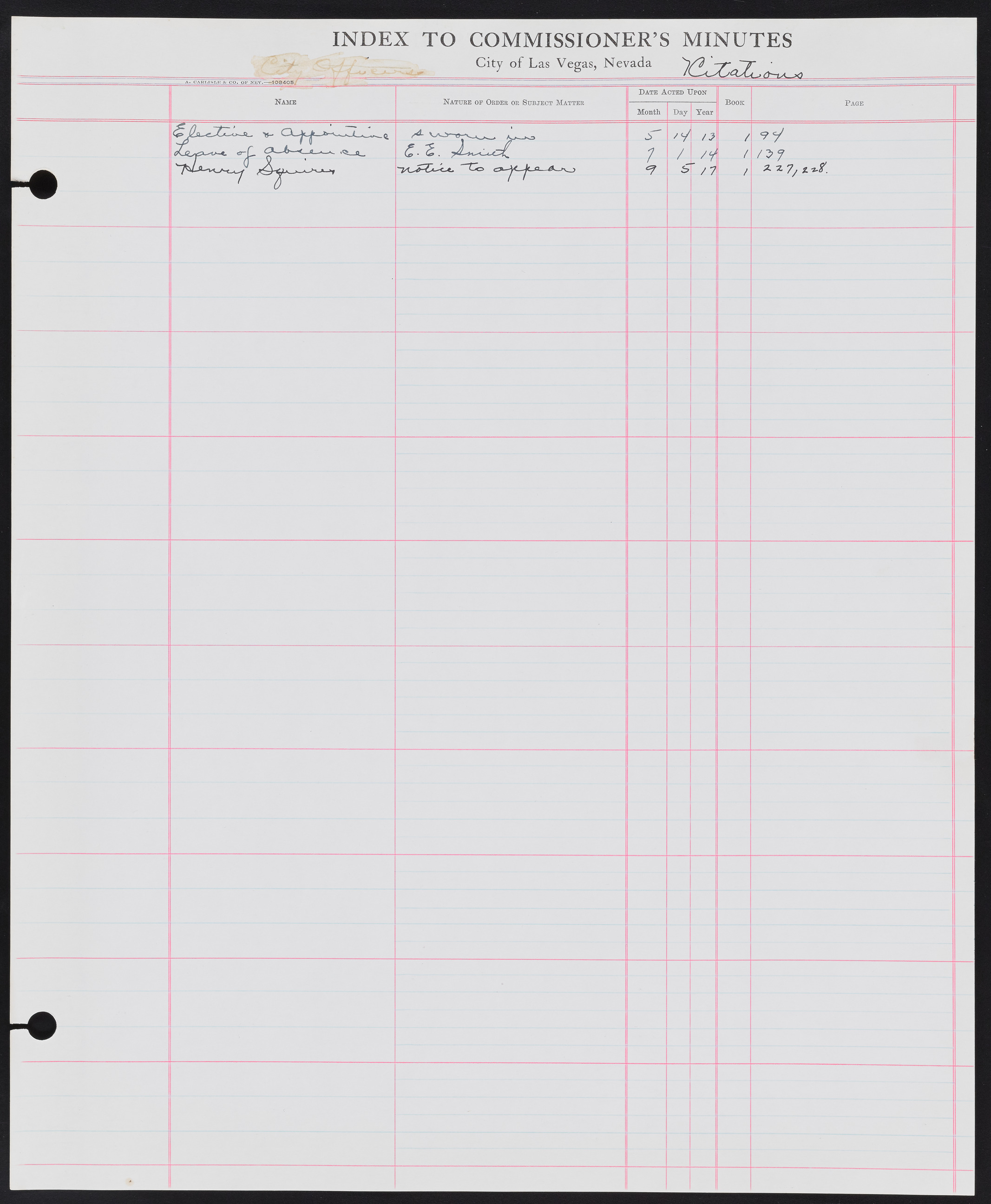 Las Vegas City Commission Minutes Index 1, 1911-1960: documents, item 069
