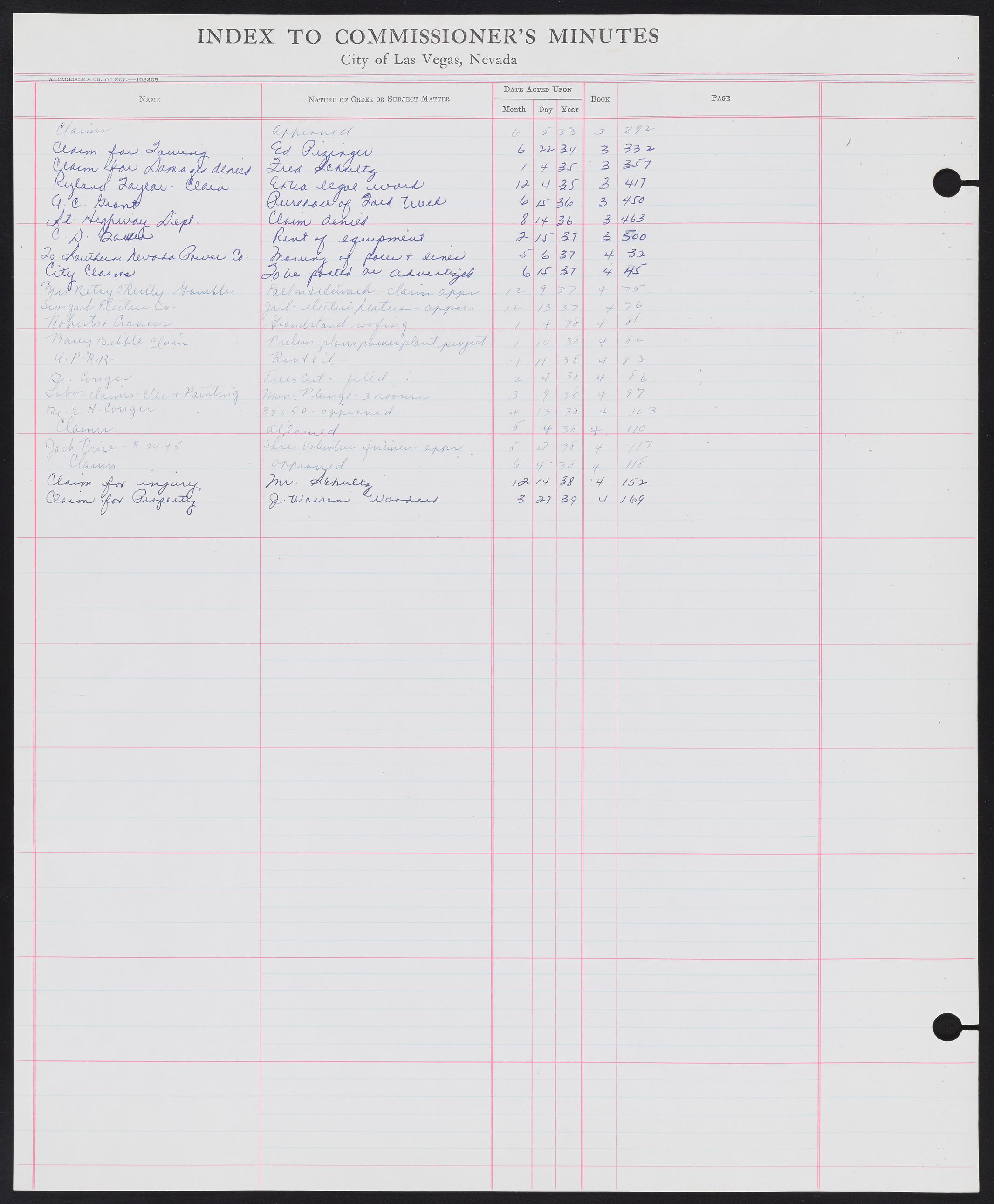 Las Vegas City Commission Minutes Index 1, 1911-1960: documents, item 076