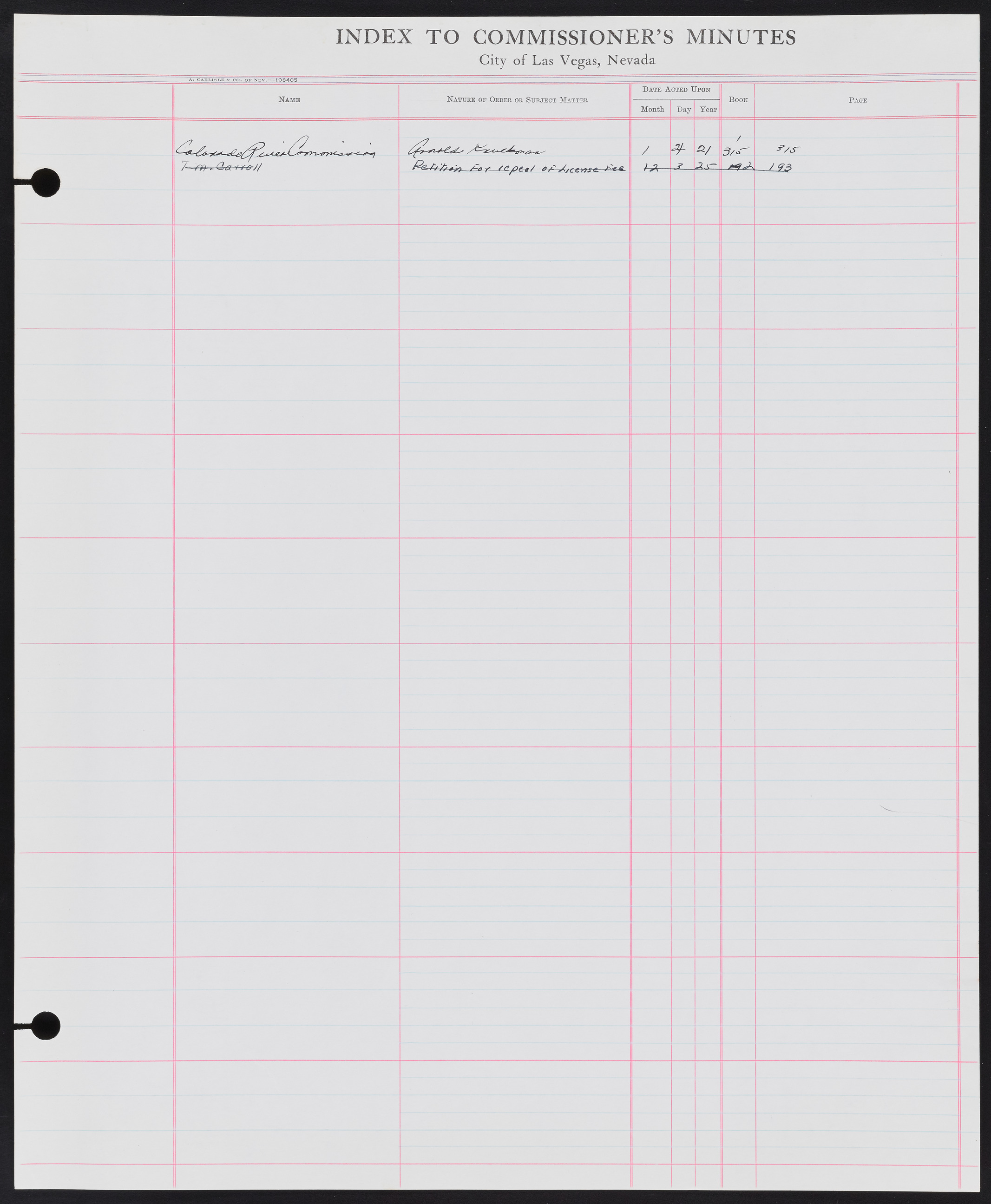 Las Vegas City Commission Minutes Index 1, 1911-1960: documents, item 087