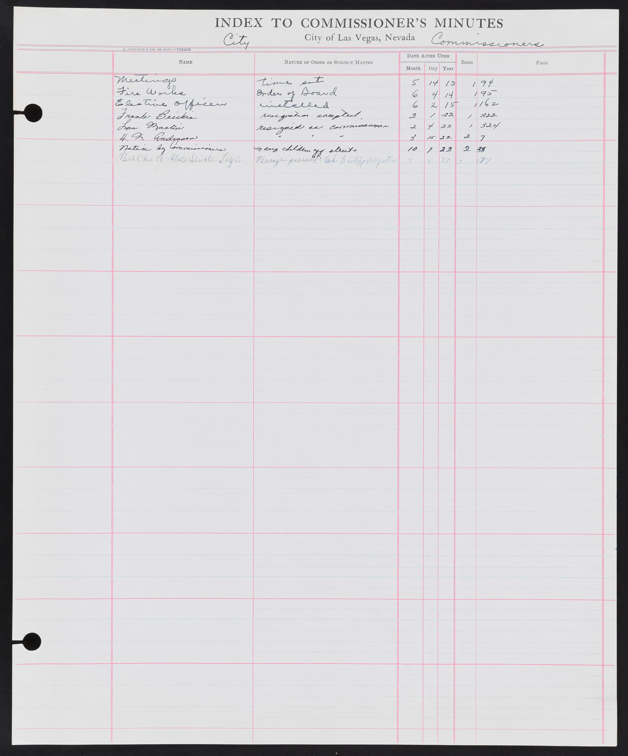 Las Vegas City Commission Minutes Index 1, 1911-1960: documents, item 095