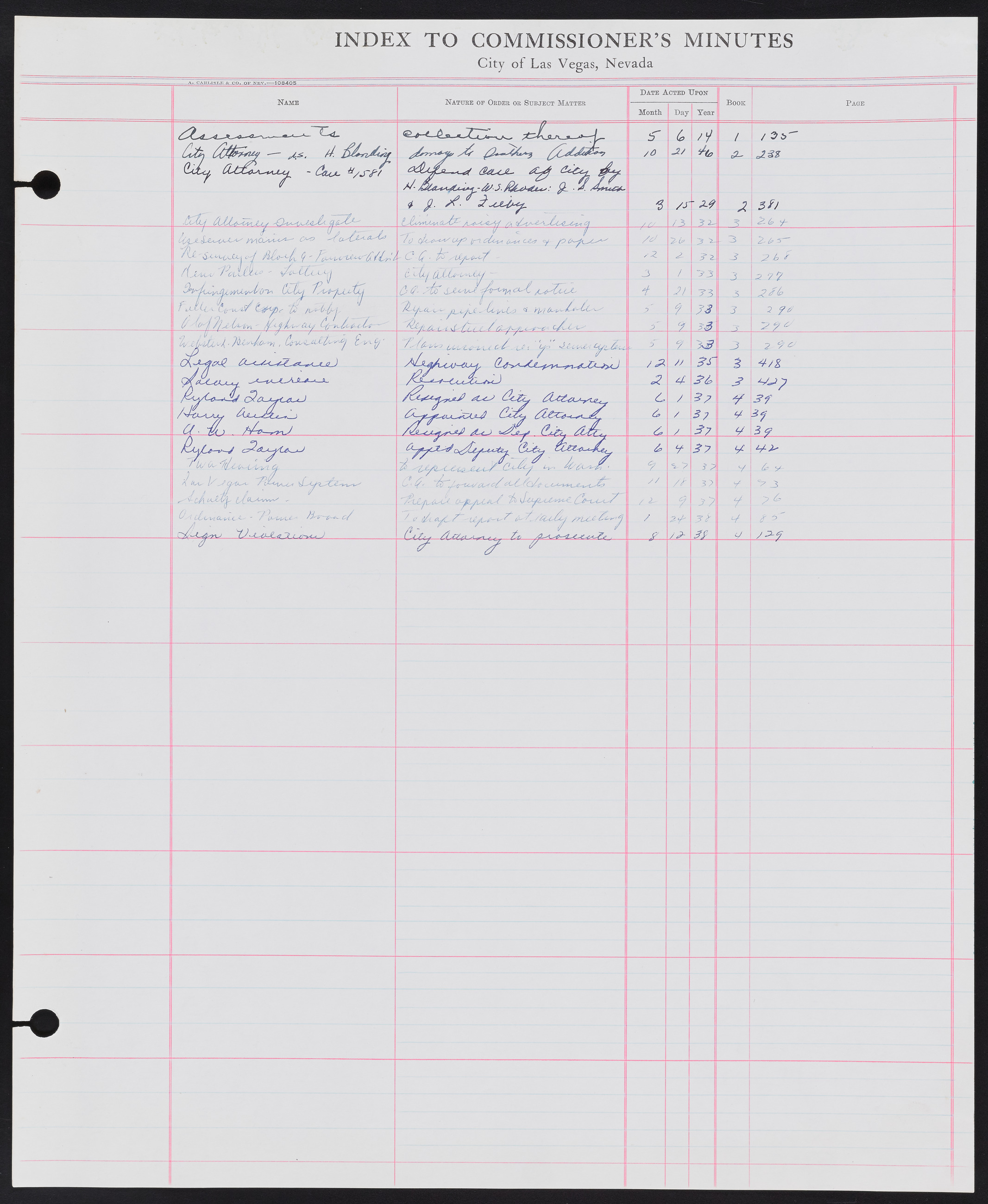 Las Vegas City Commission Minutes Index 1, 1911-1960: documents, item 098