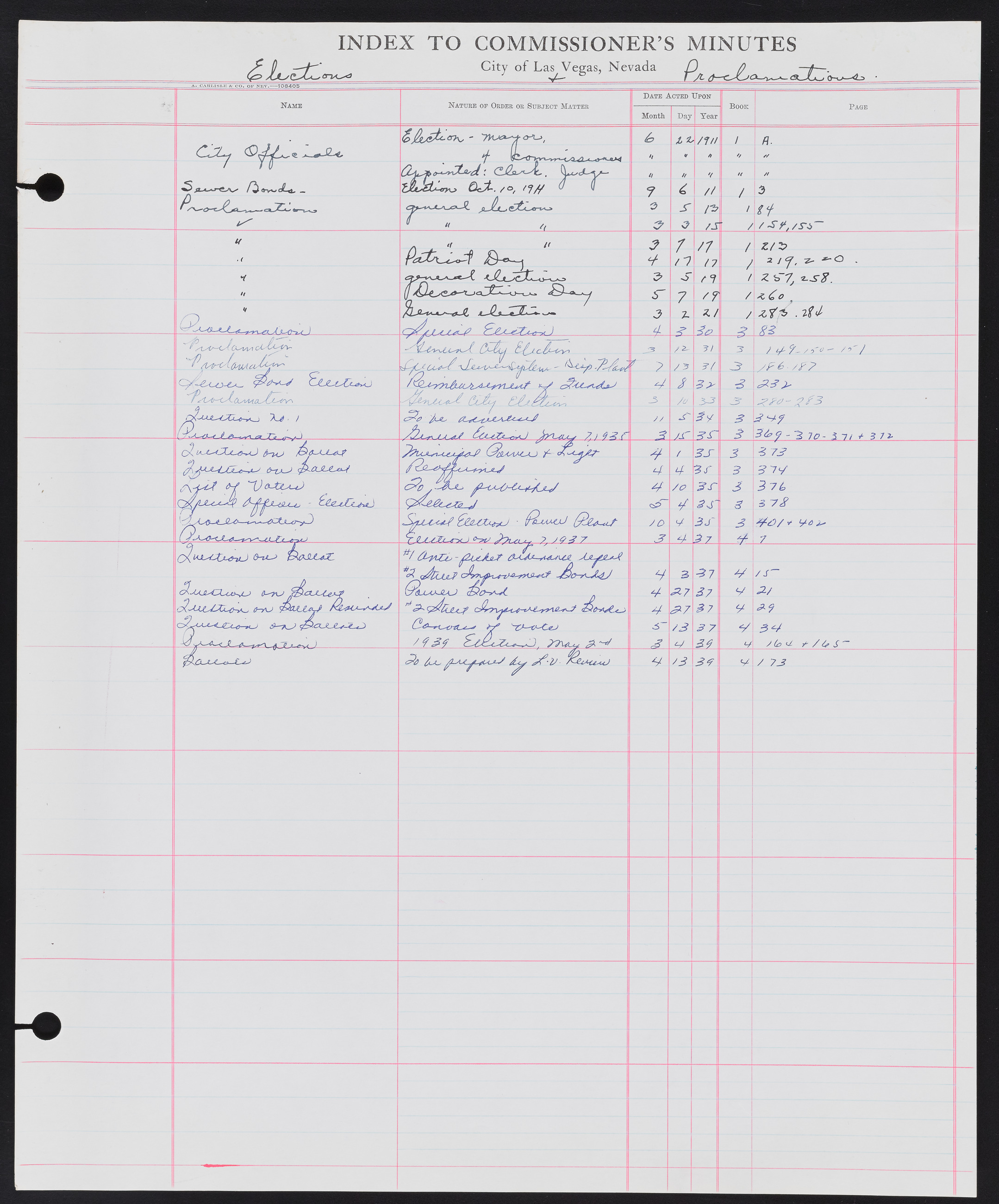 Las Vegas City Commission Minutes Index 1, 1911-1960: documents, item 108