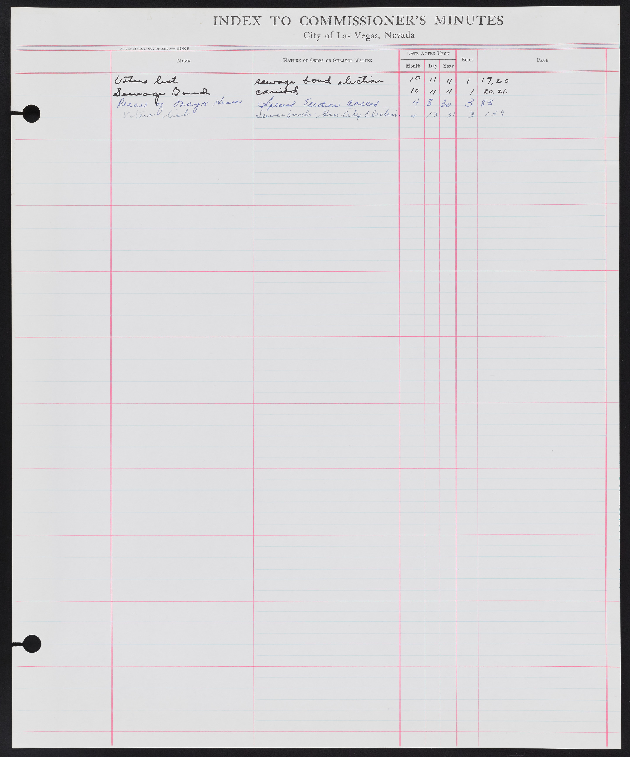 Las Vegas City Commission Minutes Index 1, 1911-1960: documents, item 111