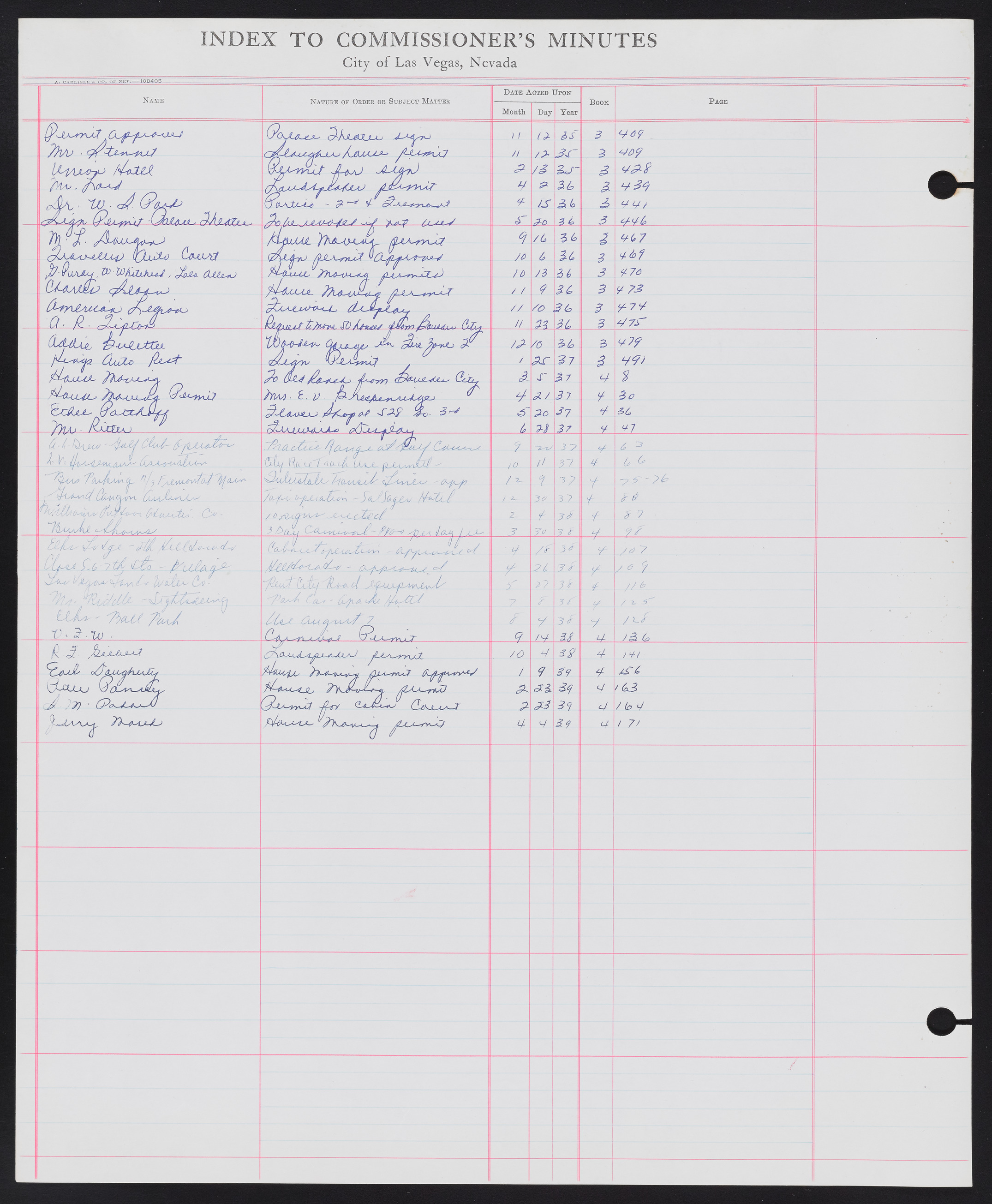 Las Vegas City Commission Minutes Index 1, 1911-1960: documents, item 134