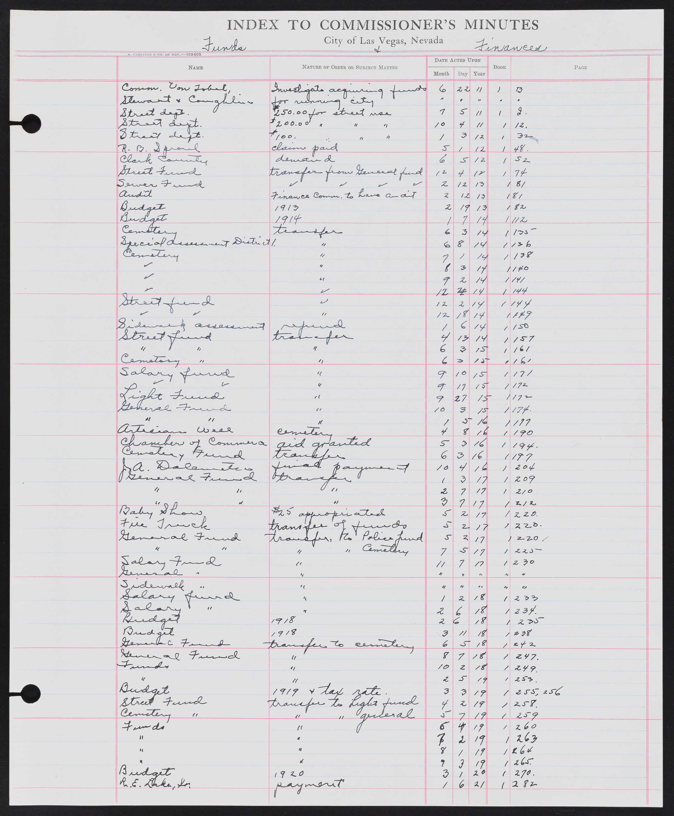 Las Vegas City Commission Minutes Index 1, 1911-1960: documents, item 137
