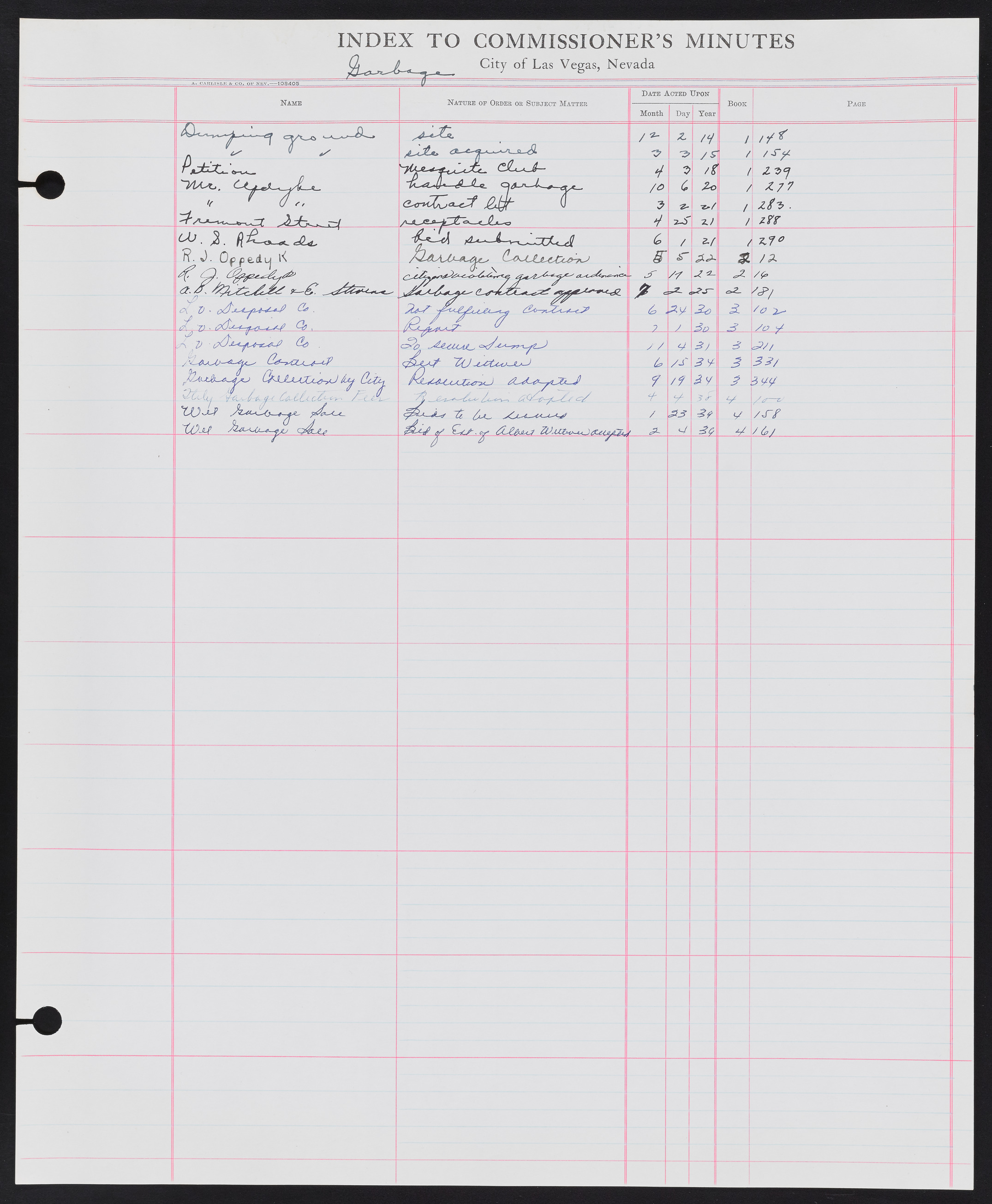 Las Vegas City Commission Minutes Index 1, 1911-1960: documents, item 147