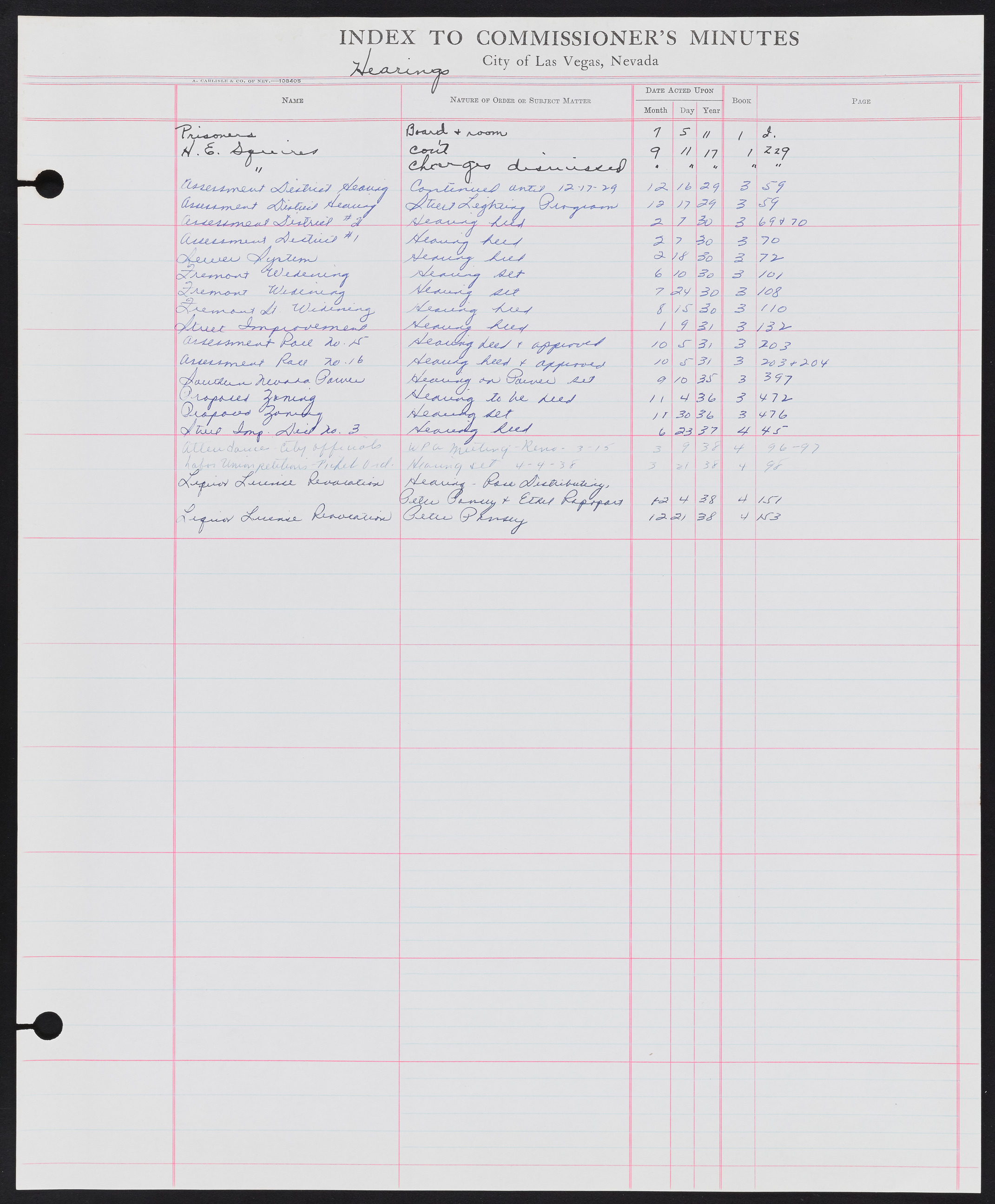 Las Vegas City Commission Minutes Index 1, 1911-1960: documents, item 161