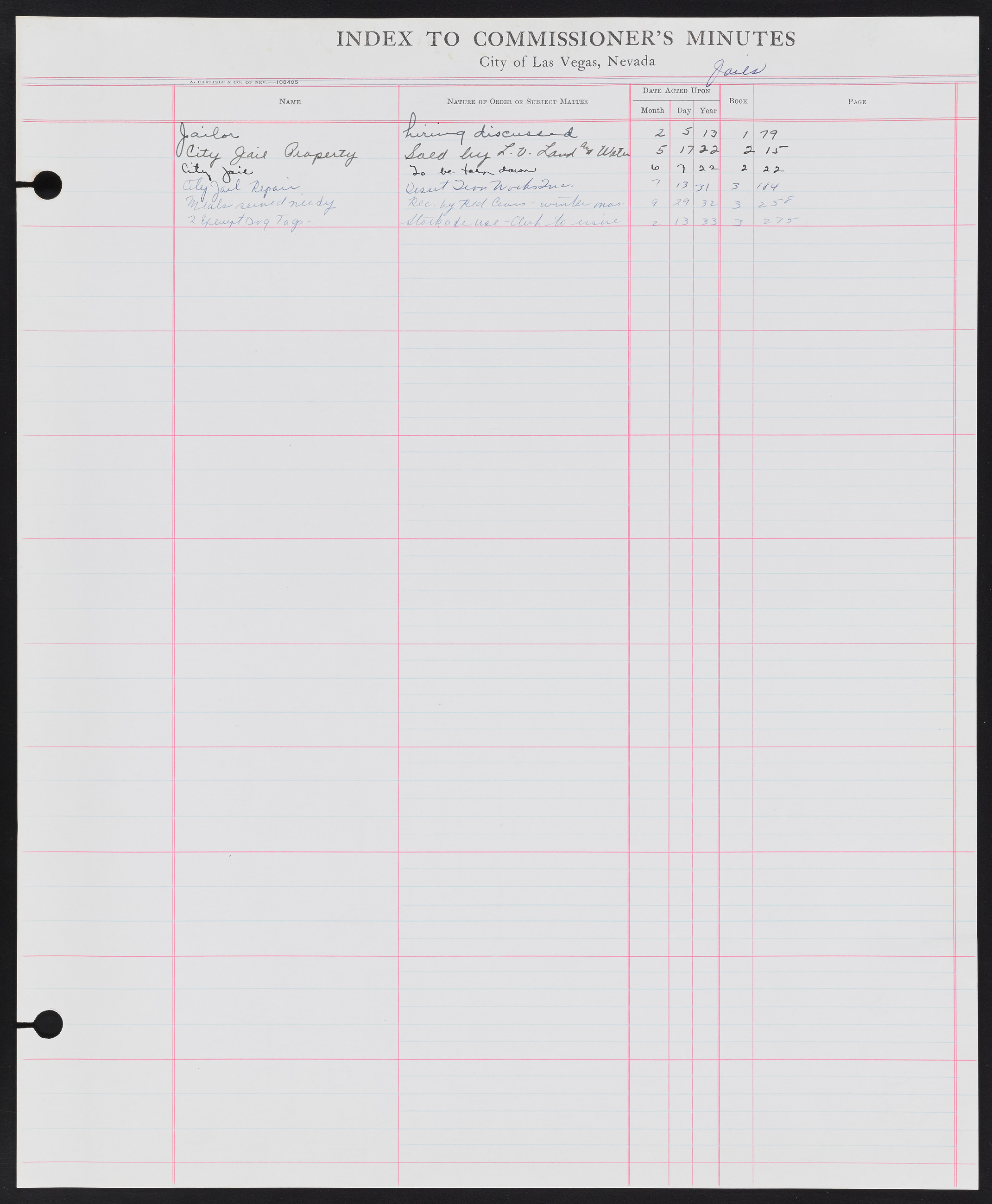 Las Vegas City Commission Minutes Index 1, 1911-1960: documents, item 169