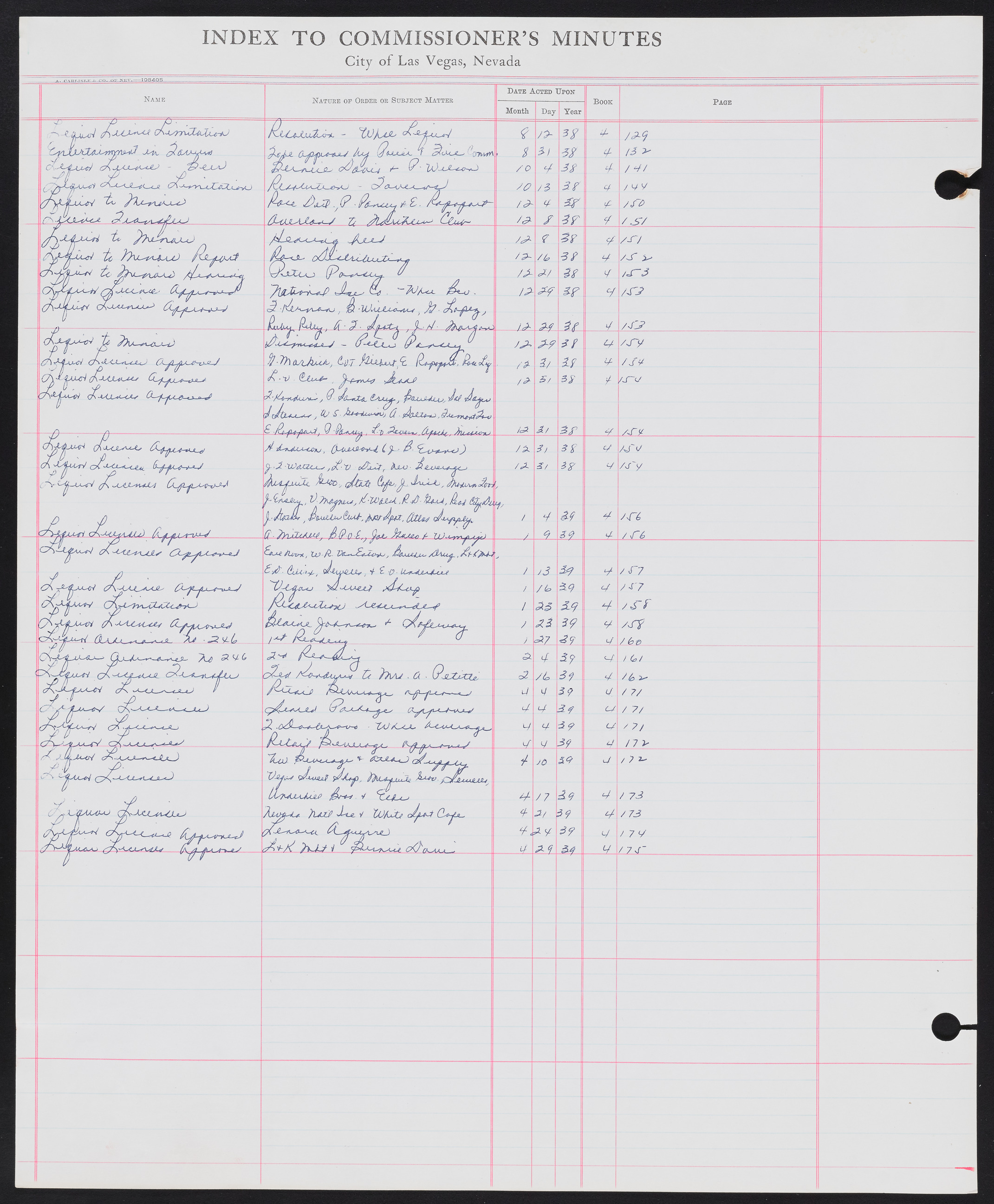 Las Vegas City Commission Minutes Index 1, 1911-1960: documents, item 180