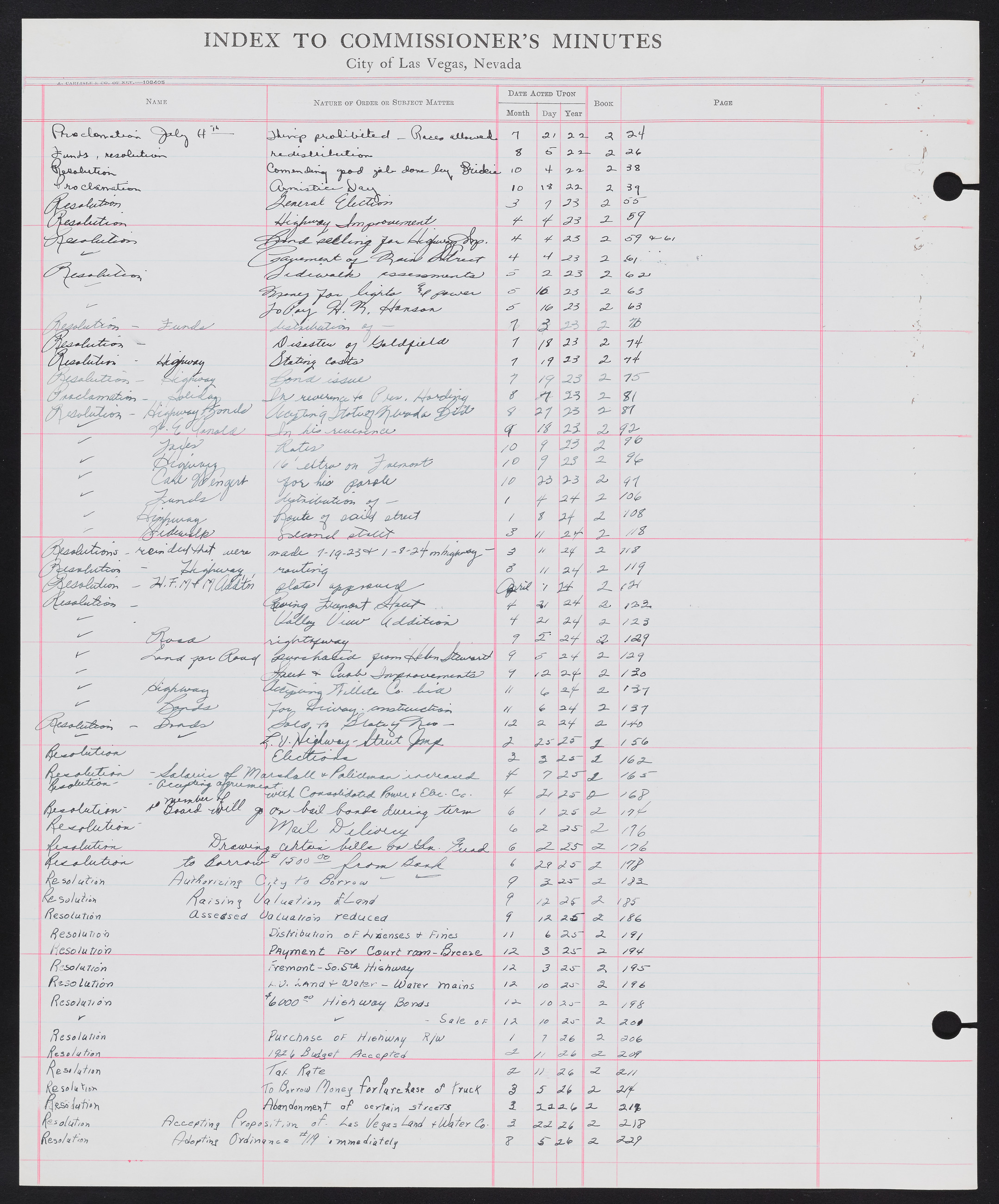 Las Vegas City Commission Minutes Index 1, 1911-1960: documents, item 224