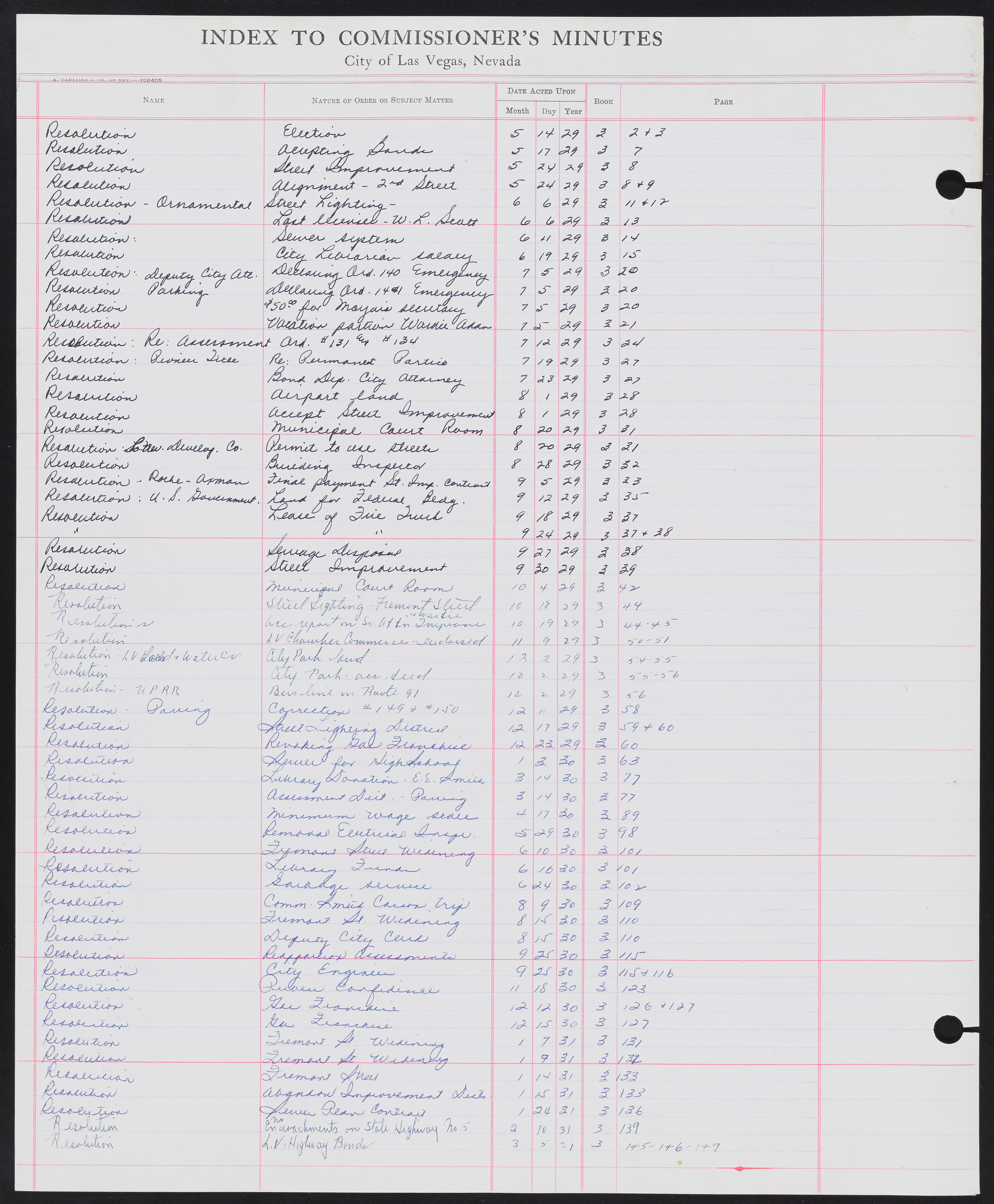 Las Vegas City Commission Minutes Index 1, 1911-1960: documents, item 226