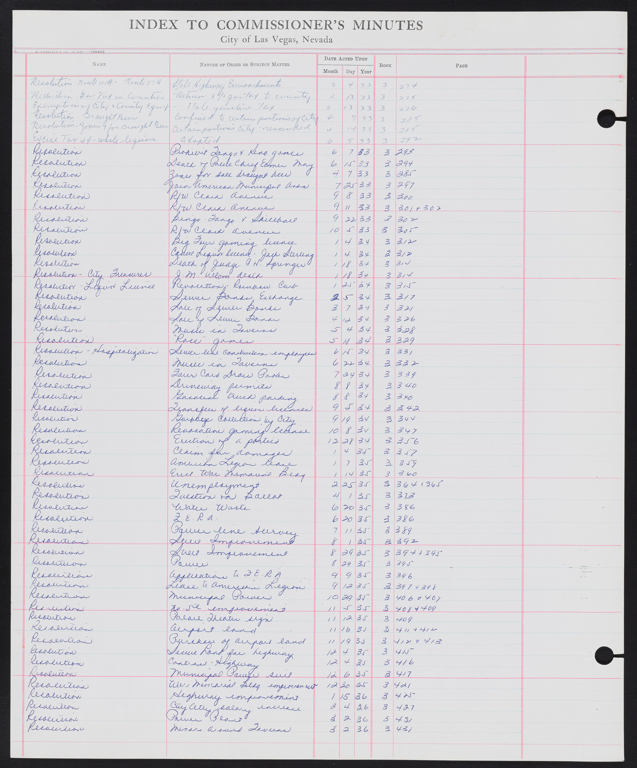 Las Vegas City Commission Minutes Index 1, 1911-1960: documents, item 228