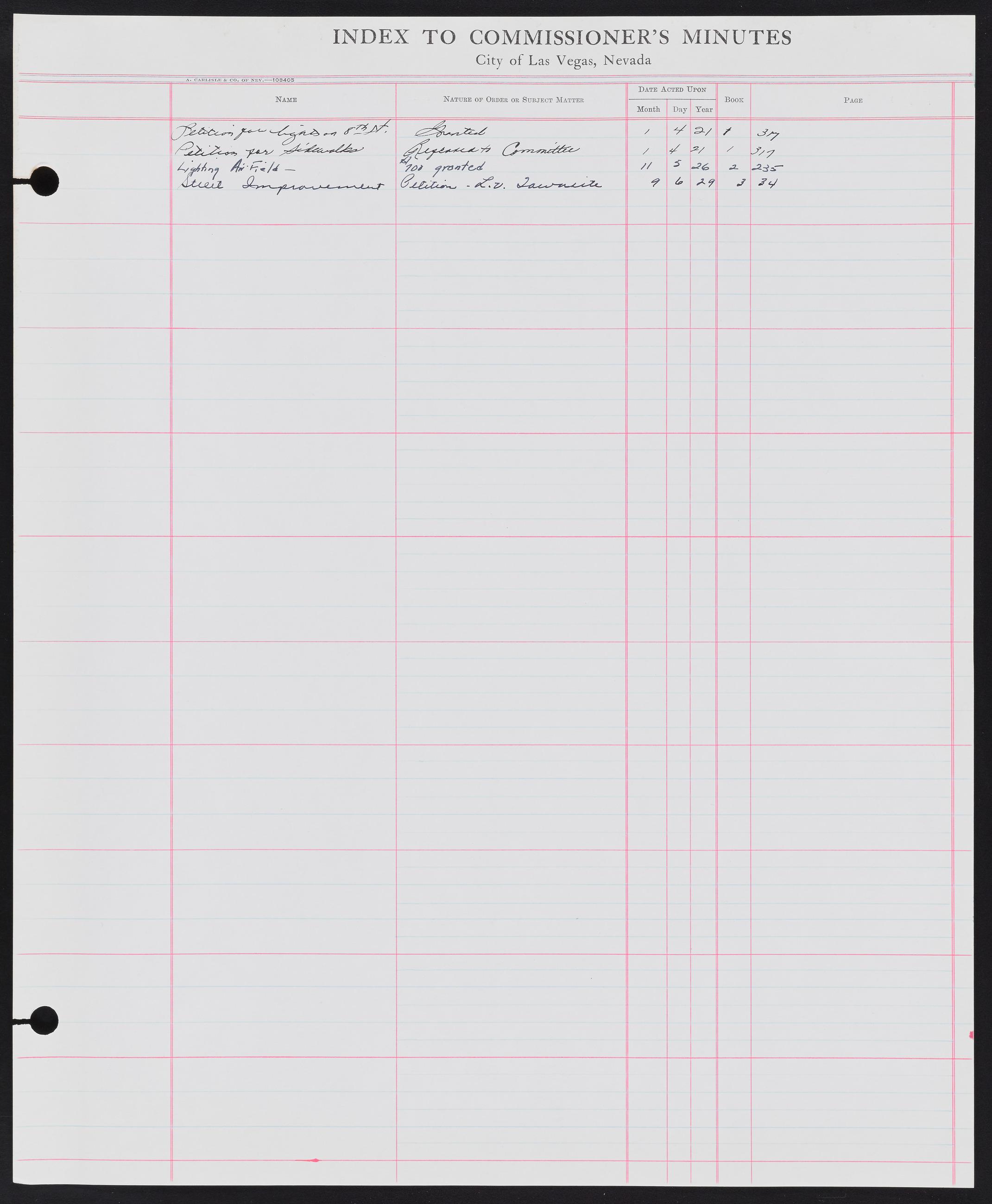 Las Vegas City Commission Minutes Index 1, 1911-1960: documents, item 250