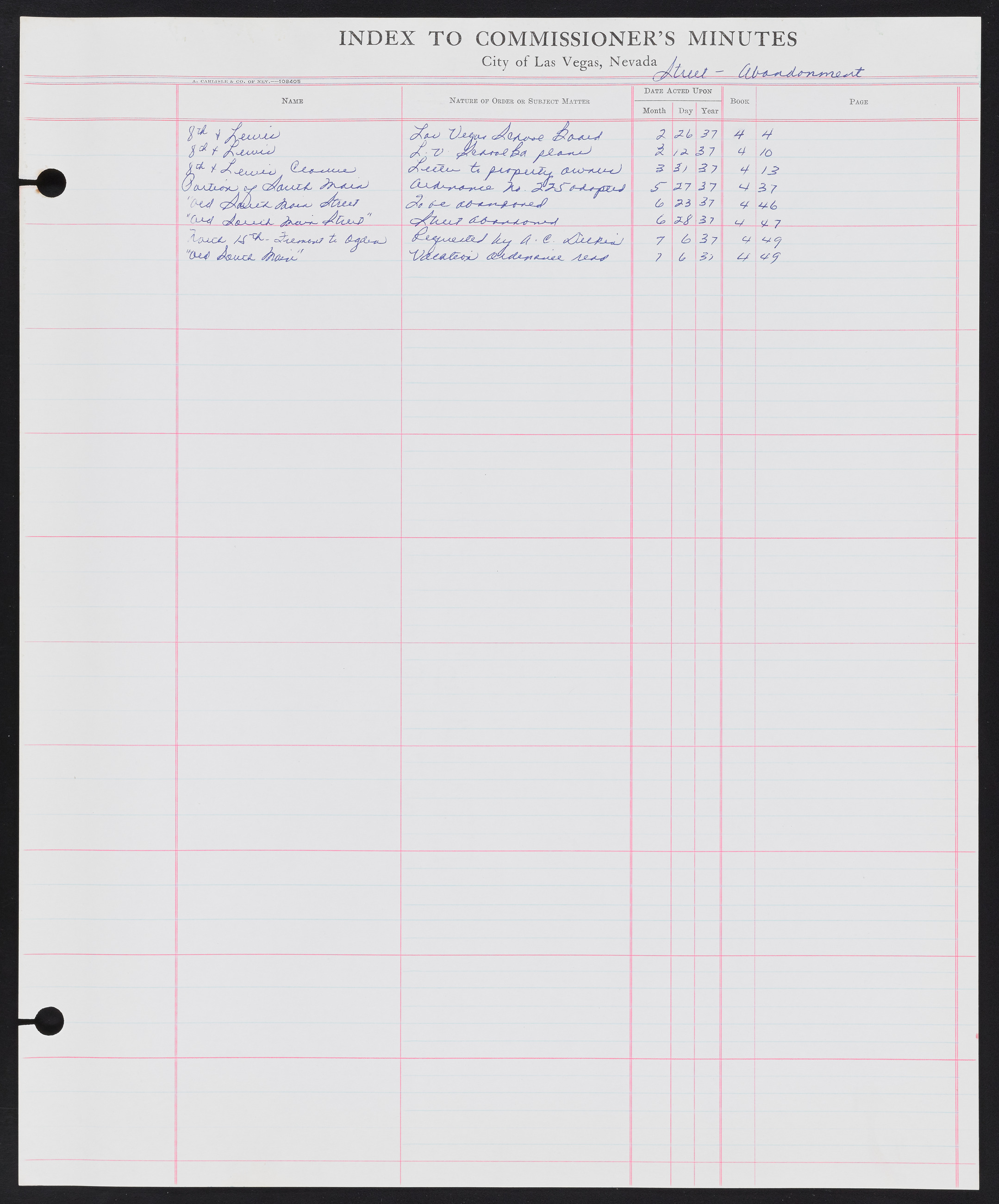 Las Vegas City Commission Minutes Index 1, 1911-1960: documents, item 257