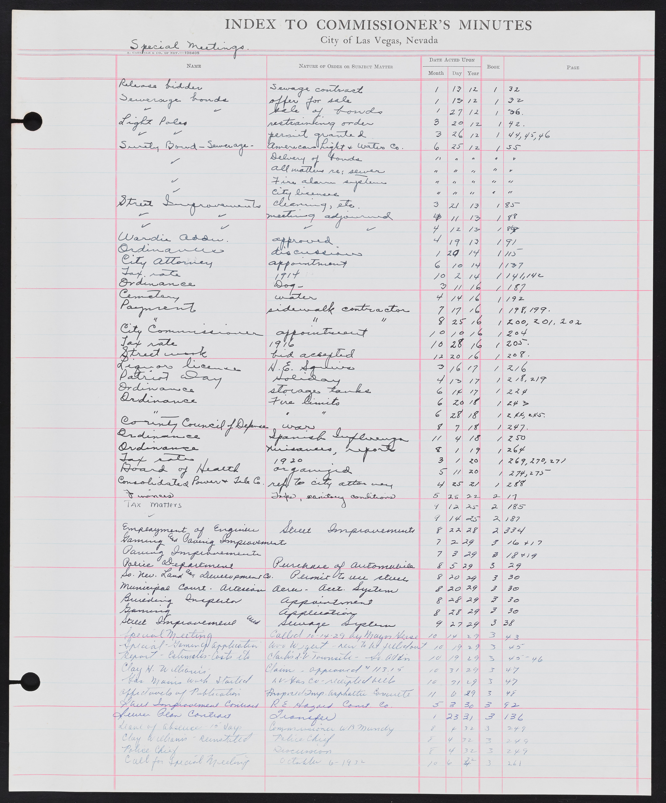 Las Vegas City Commission Minutes Index 1, 1911-1960: documents, item 285