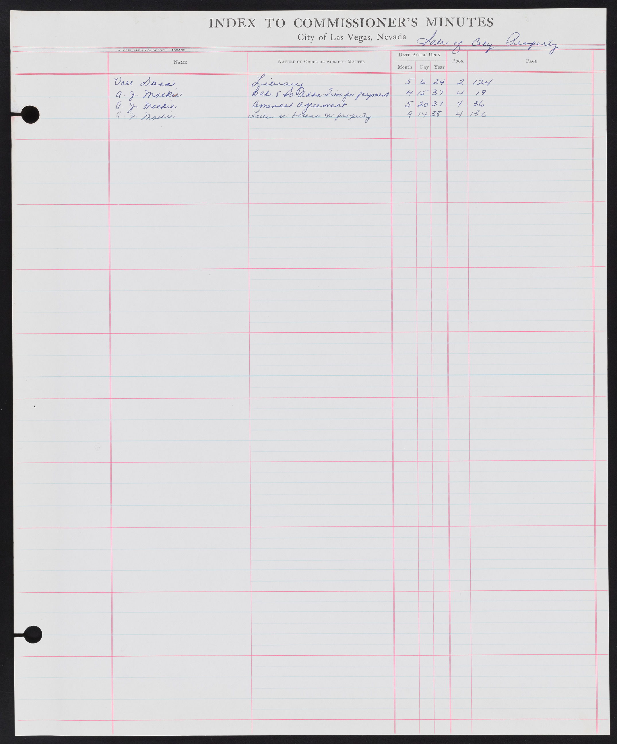 Las Vegas City Commission Minutes Index 1, 1911-1960: documents, item 295