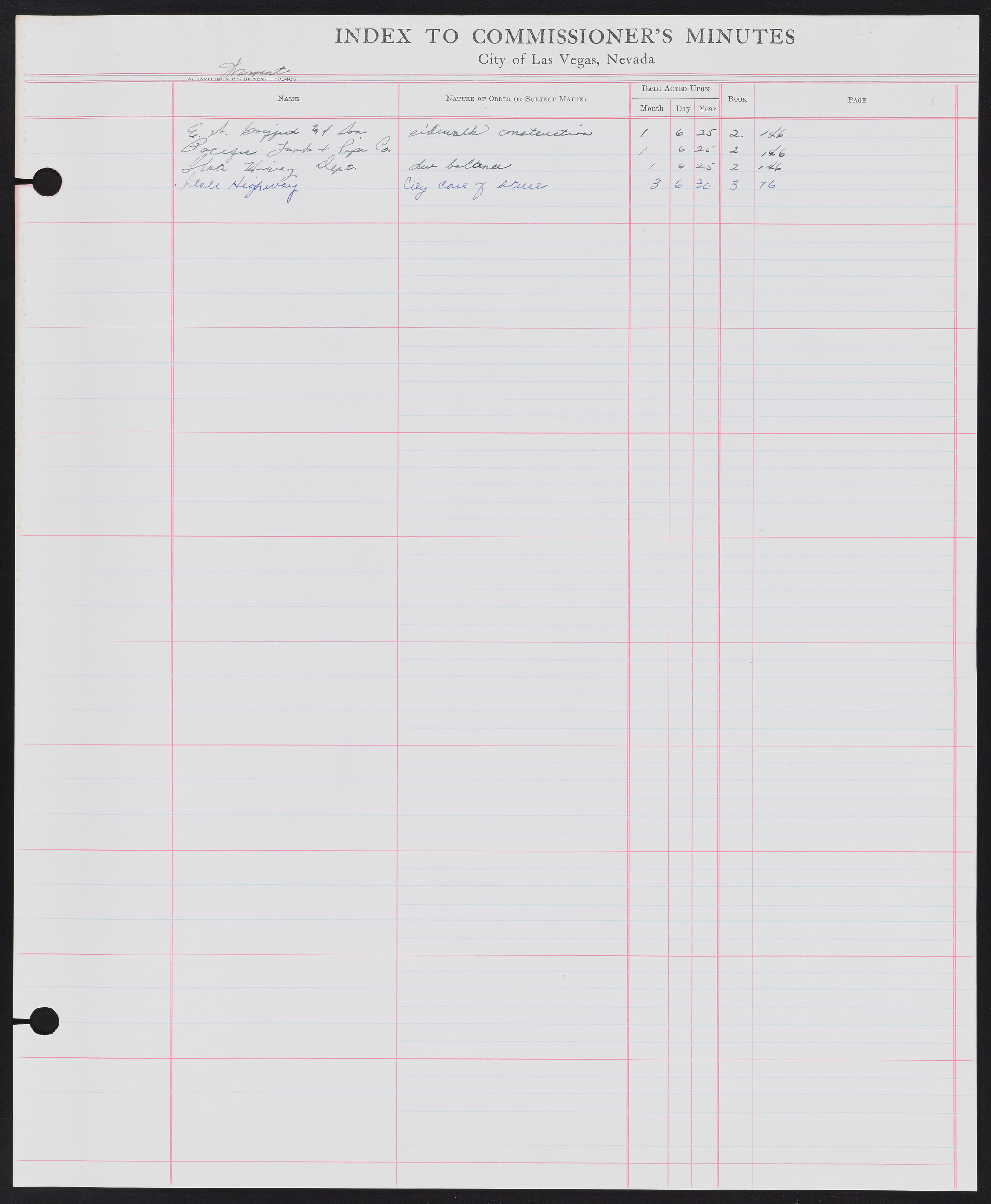 Las Vegas City Commission Minutes Index 1, 1911-1960: documents, item 323