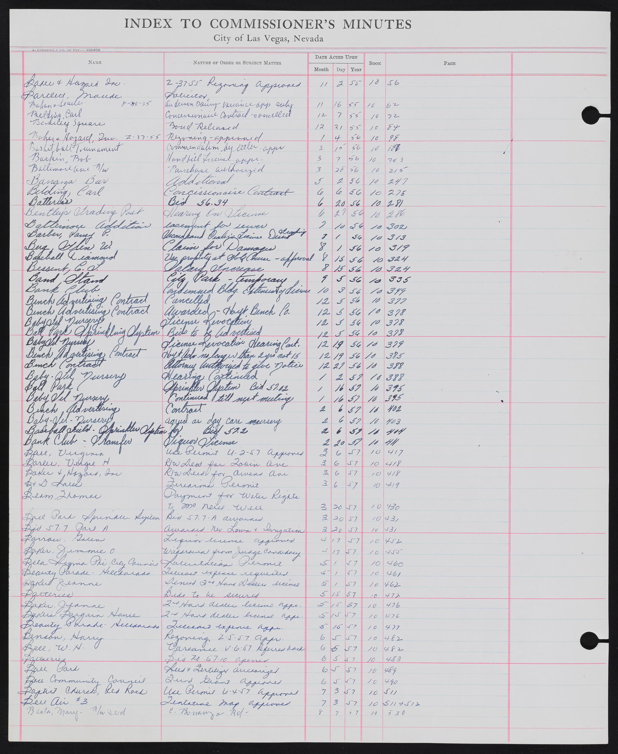 Las Vegas City Commission Minutes Index 2, 1911-1960: documents, item 116