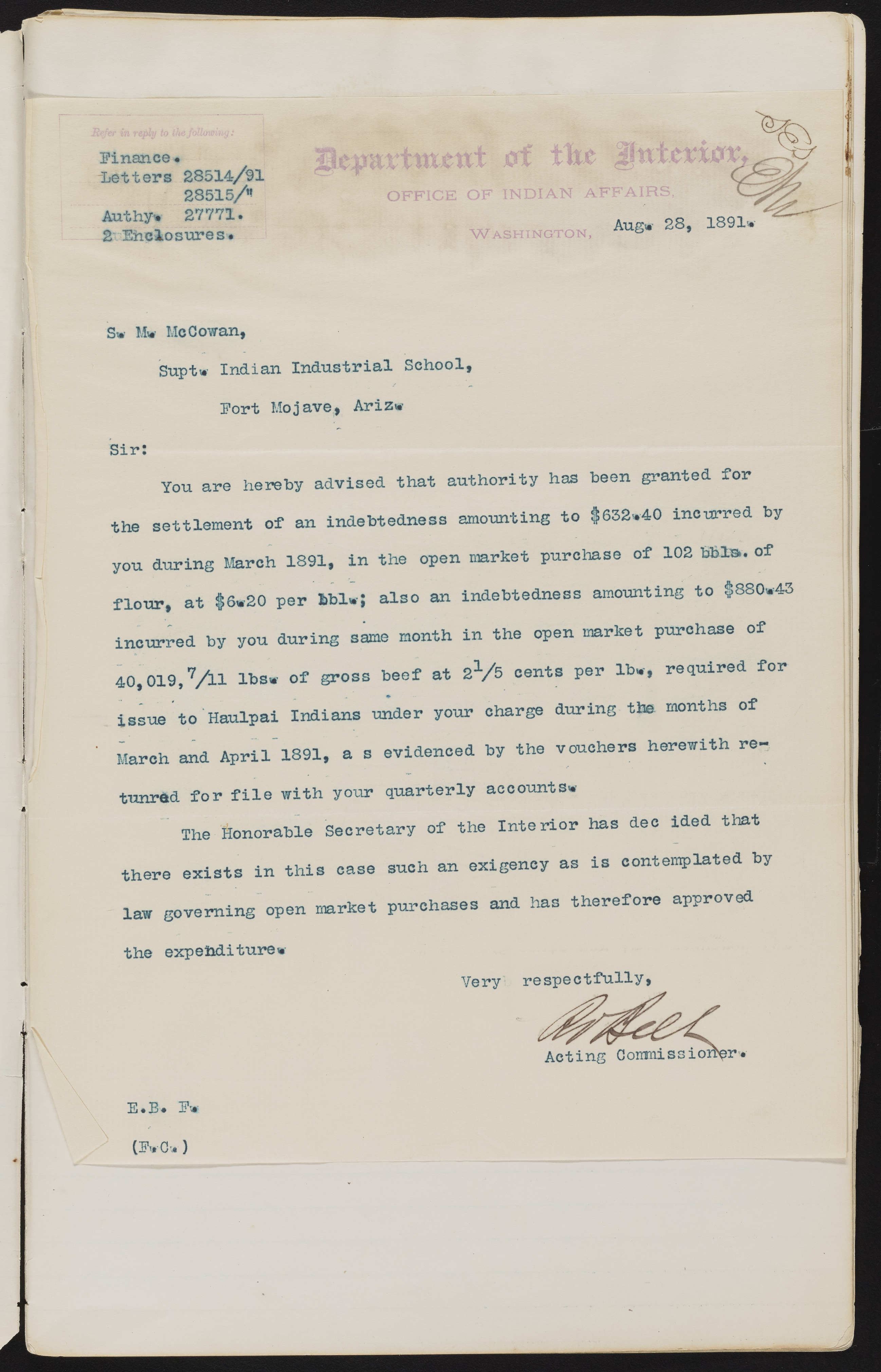 Fort Mojave Industrial School correspondence and a blueprint design of the Fort Mojave Pump Station, Washington (D.C.), 1891-1893, snv002595-5