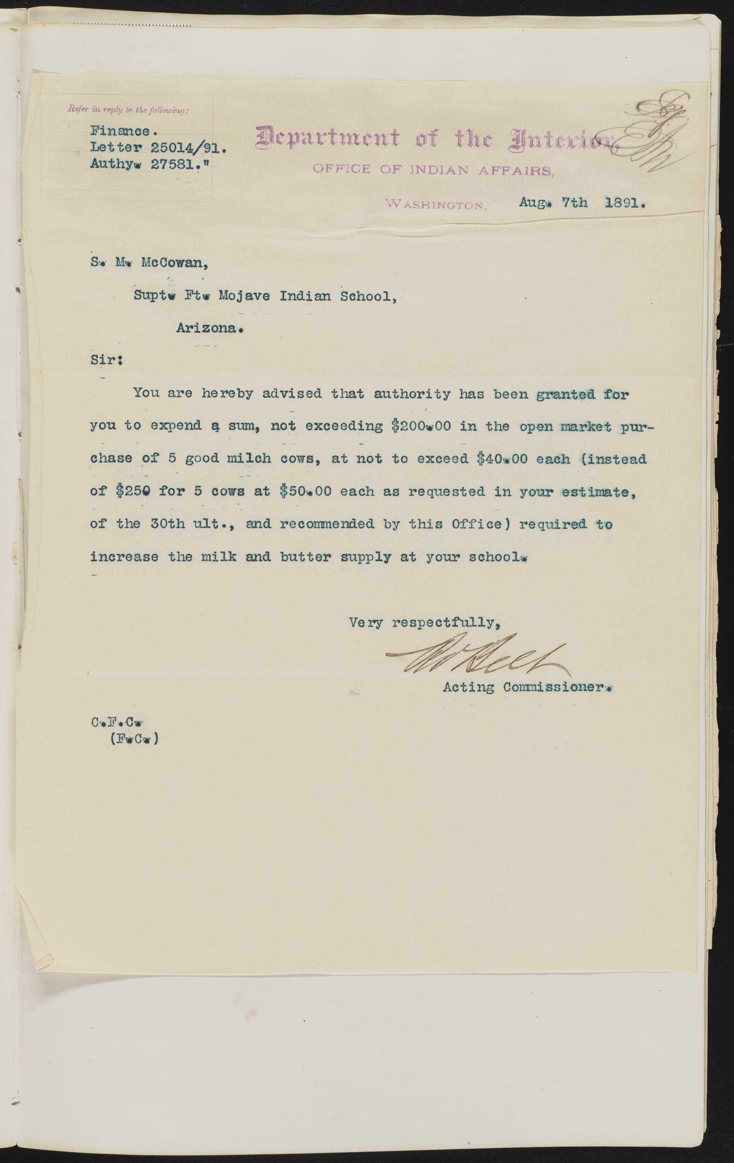 Fort Mojave Industrial School correspondence and a blueprint design of the Fort Mojave Pump Station, Washington (D.C.), 1891-1893, snv002595-8