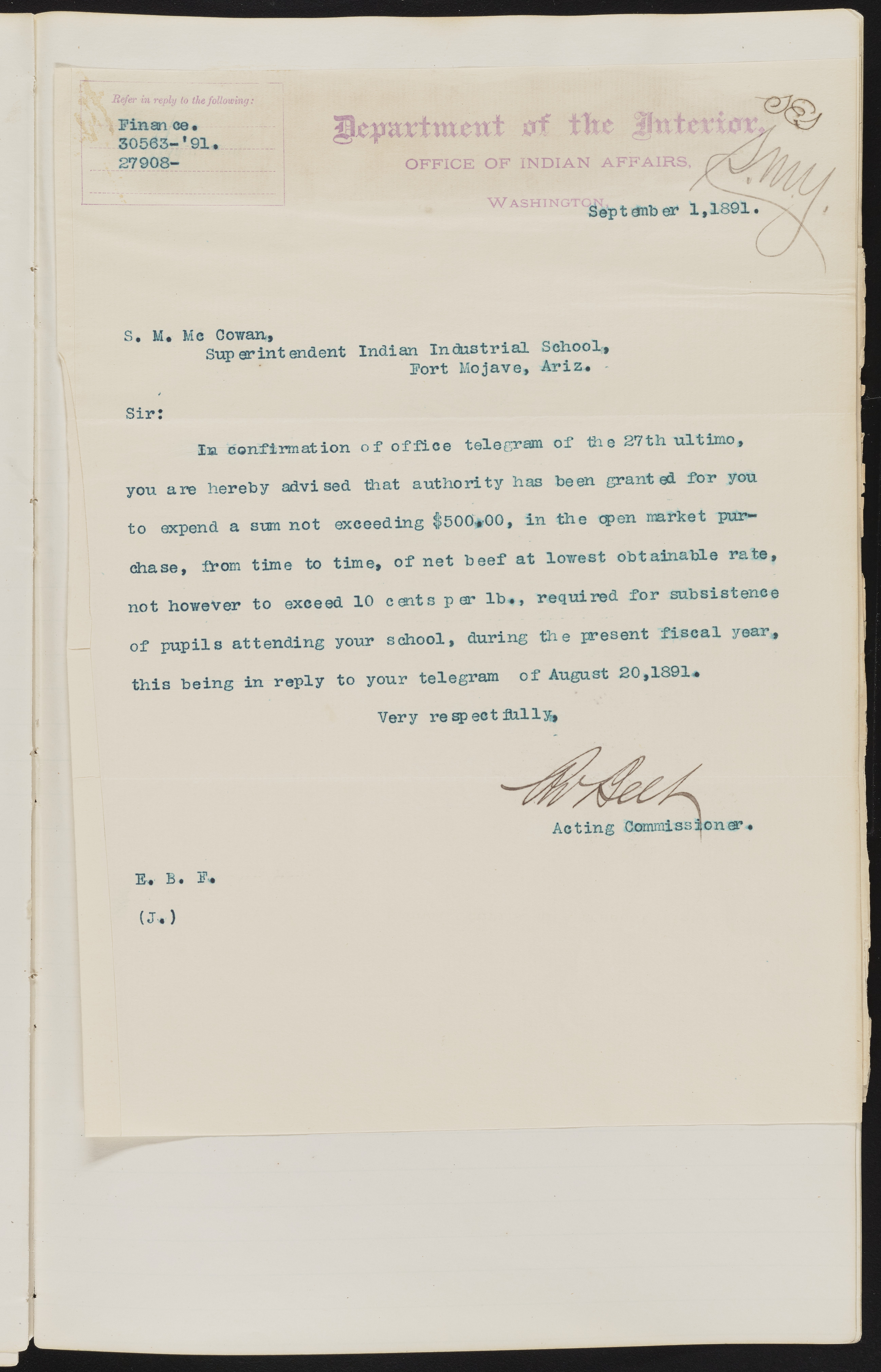 Fort Mojave Industrial School correspondence and a blueprint design of the Fort Mojave Pump Station, Washington (D.C.), 1891-1893, snv002595-11