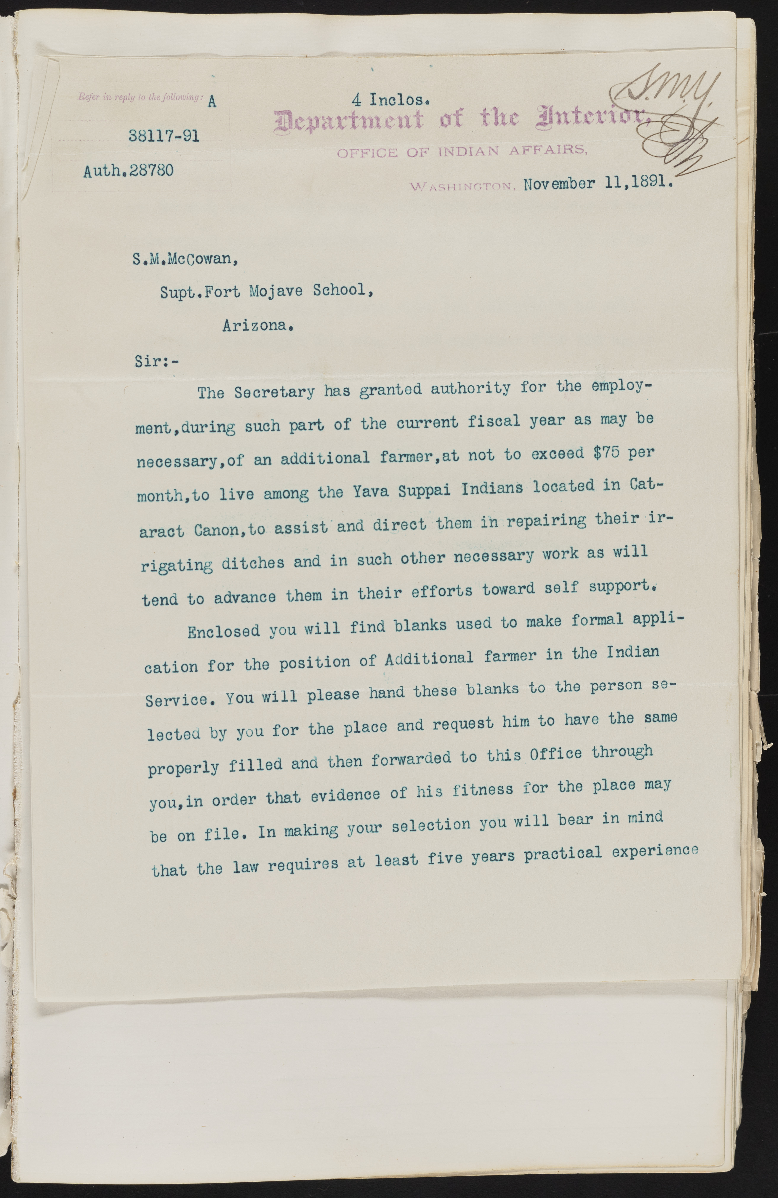 Fort Mojave Industrial School correspondence and a blueprint design of the Fort Mojave Pump Station, Washington (D.C.), 1891-1893, snv002595-17