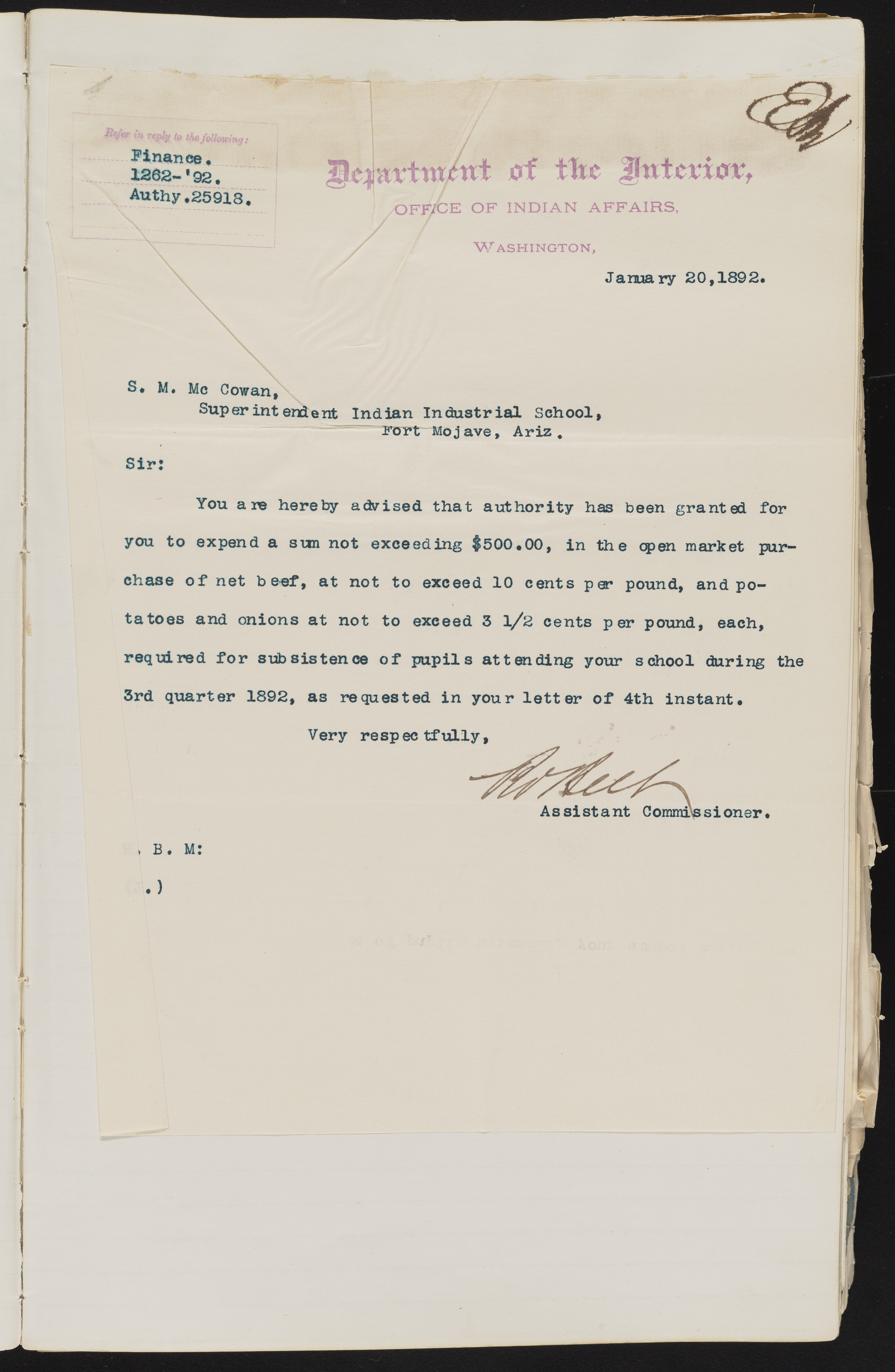 Fort Mojave Industrial School correspondence and a blueprint design of the Fort Mojave Pump Station, Washington (D.C.), 1891-1893, snv002595-20