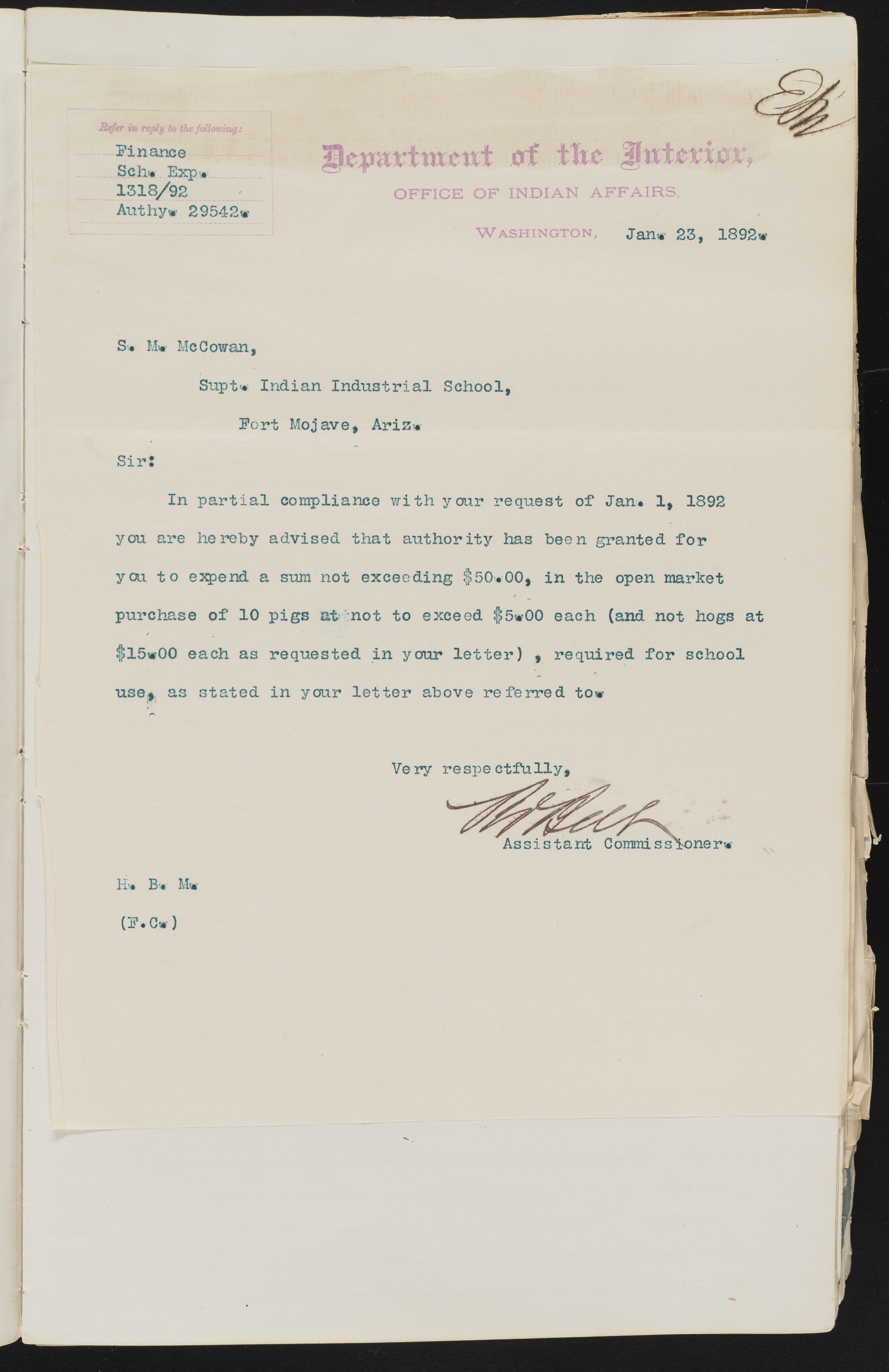 Fort Mojave Industrial School correspondence and a blueprint design of the Fort Mojave Pump Station, Washington (D.C.), 1891-1893, snv002595-21