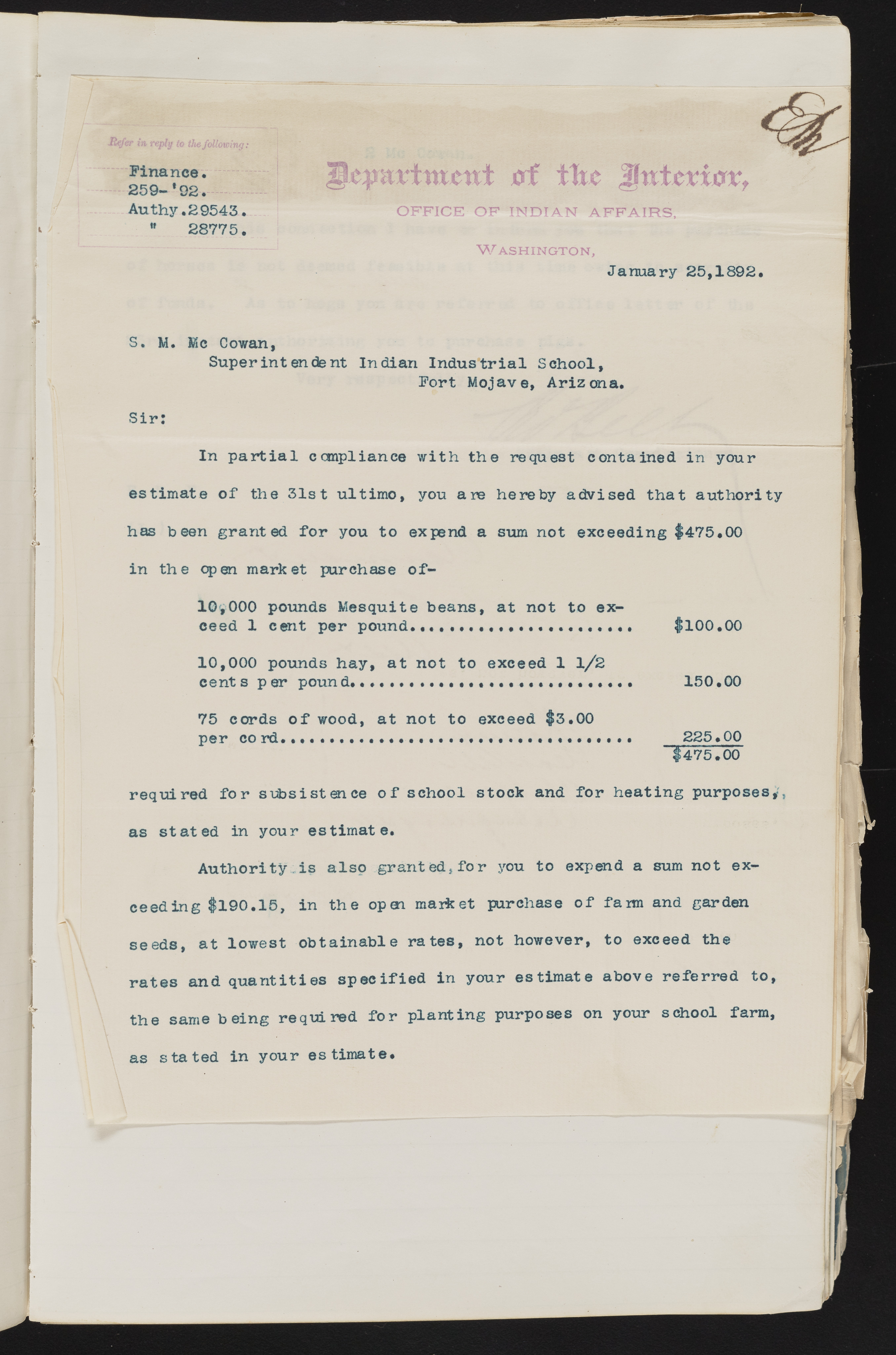 Fort Mojave Industrial School correspondence and a blueprint design of the Fort Mojave Pump Station, Washington (D.C.), 1891-1893, snv002595-22