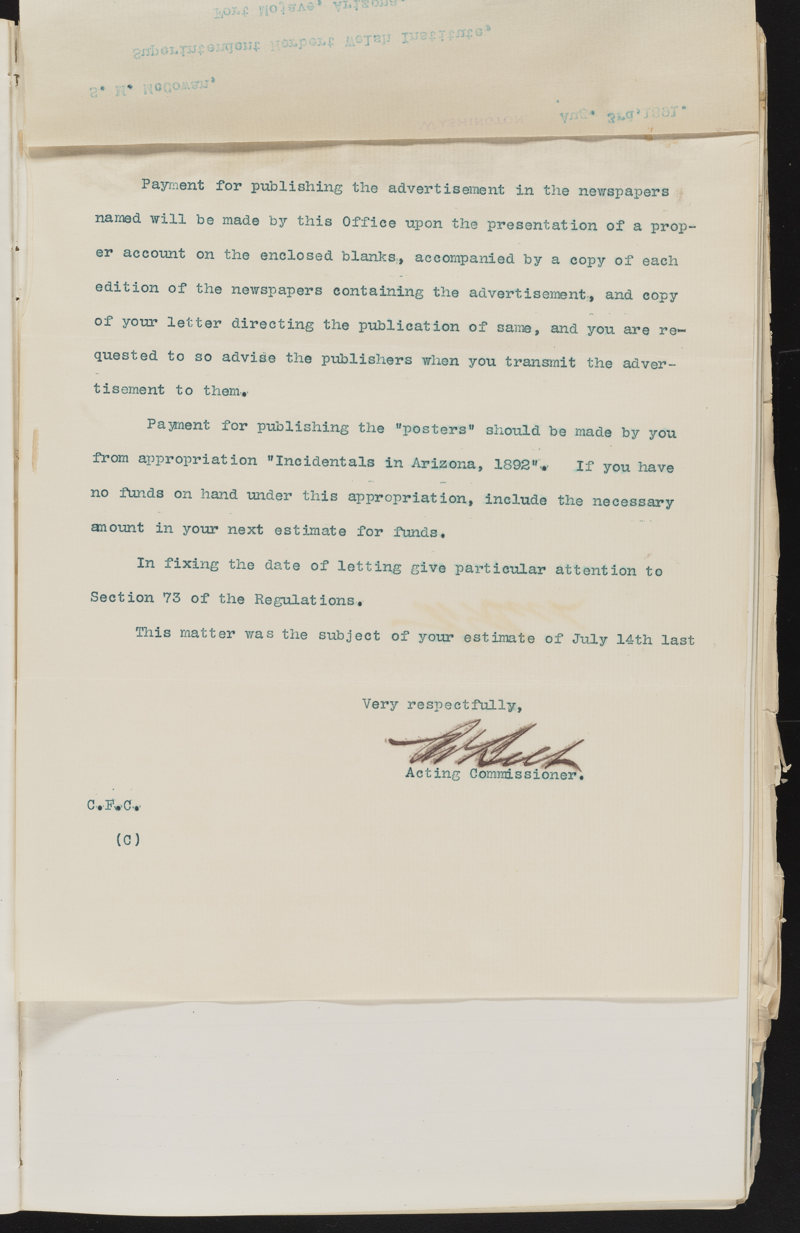 Fort Mojave Industrial School correspondence and a blueprint design of the Fort Mojave Pump Station, Washington (D.C.), 1891-1893, snv002595-28