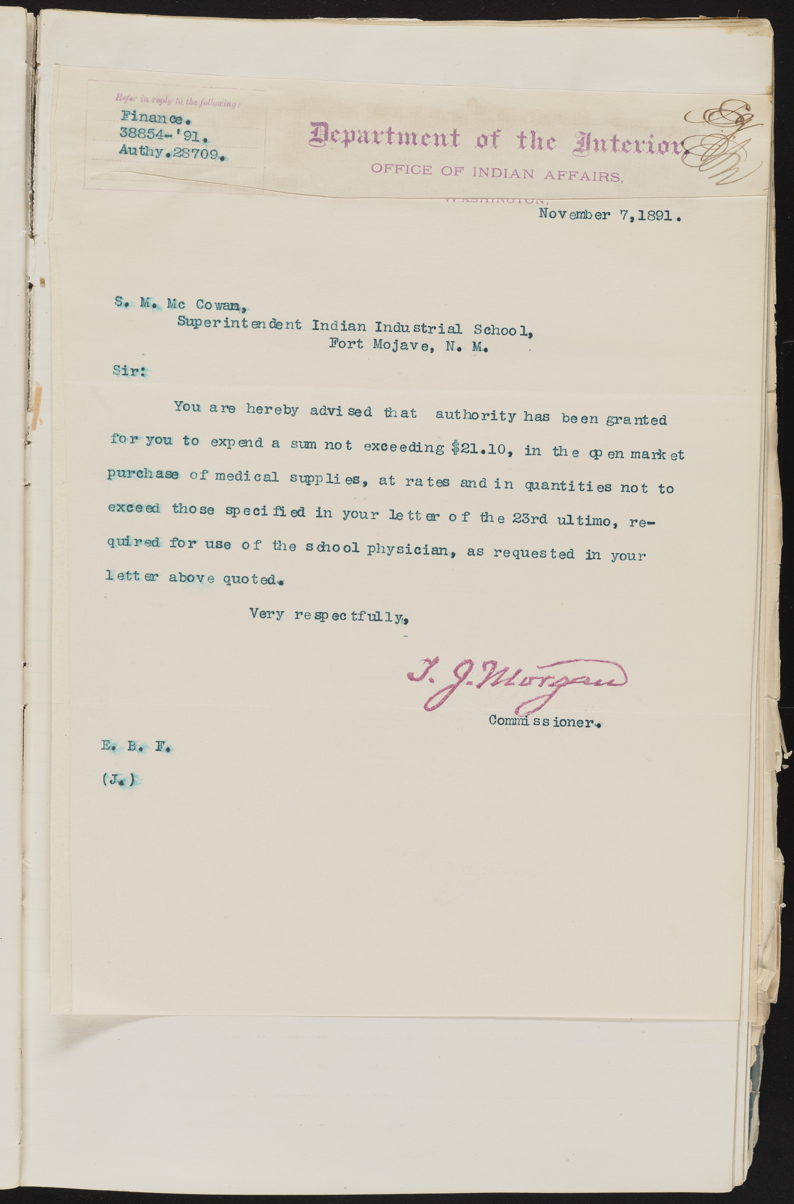 Fort Mojave Industrial School correspondence and a blueprint design of the Fort Mojave Pump Station, Washington (D.C.), 1891-1893, snv002595-29