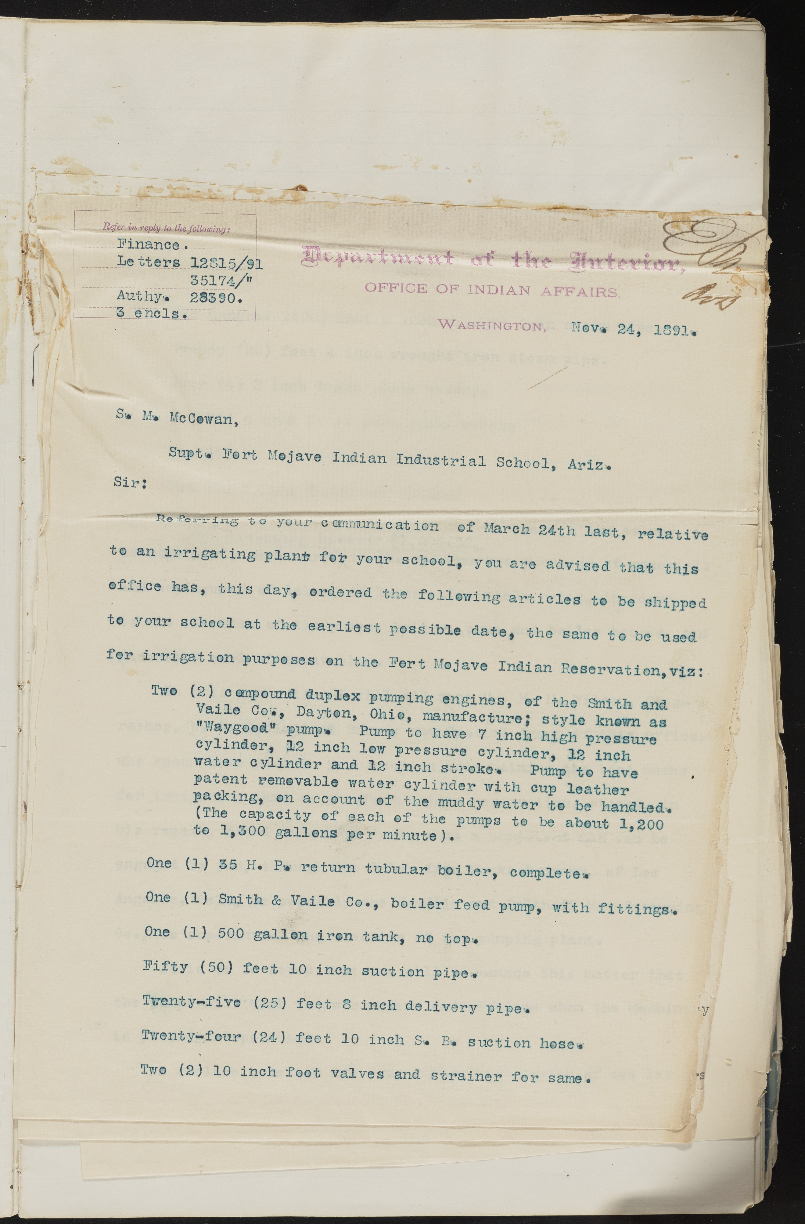 Fort Mojave Industrial School correspondence and a blueprint design of the Fort Mojave Pump Station, Washington (D.C.), 1891-1893, snv002595-38