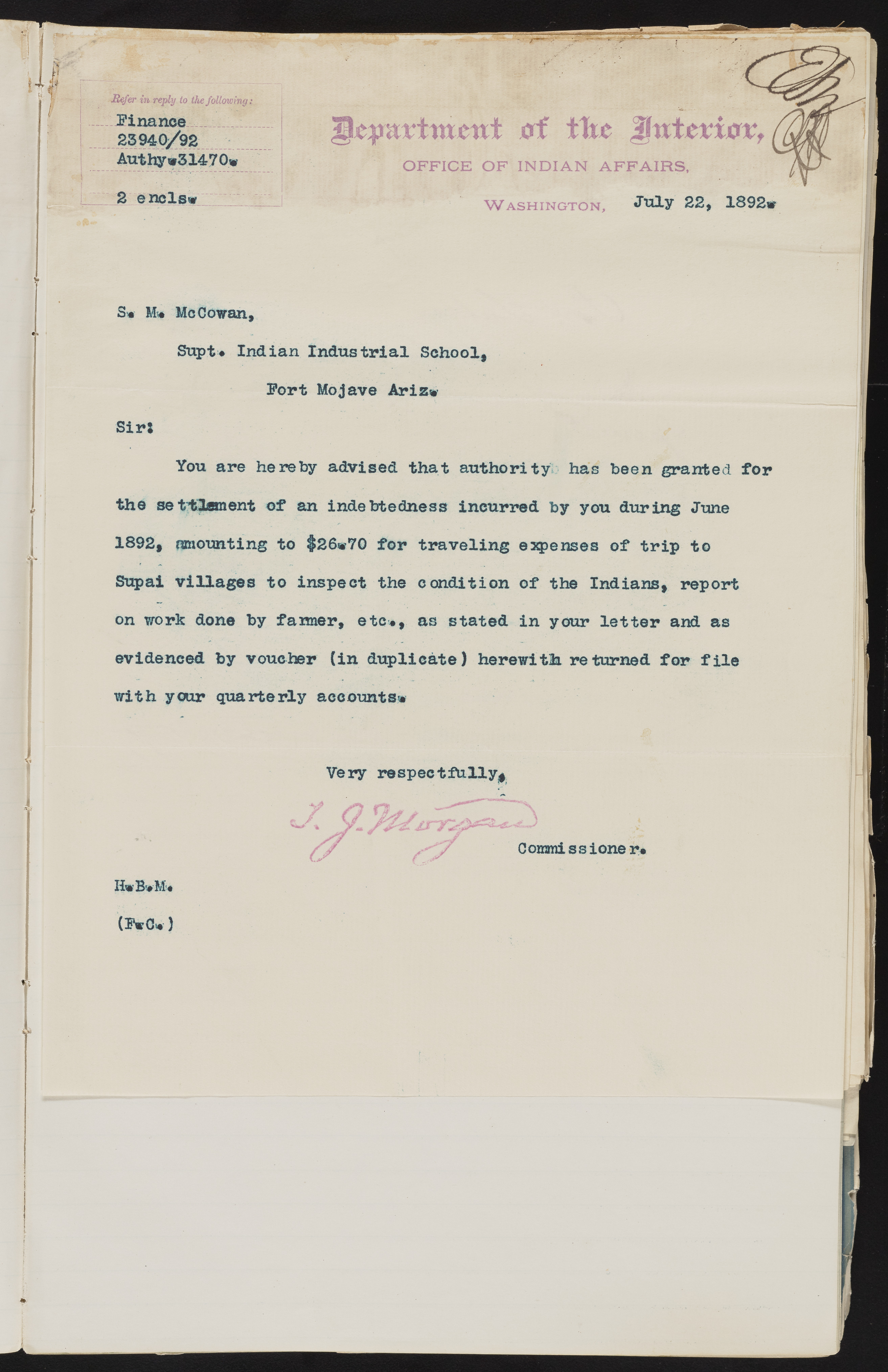 Fort Mojave Industrial School correspondence and a blueprint design of the Fort Mojave Pump Station, Washington (D.C.), 1891-1893, snv002595-46