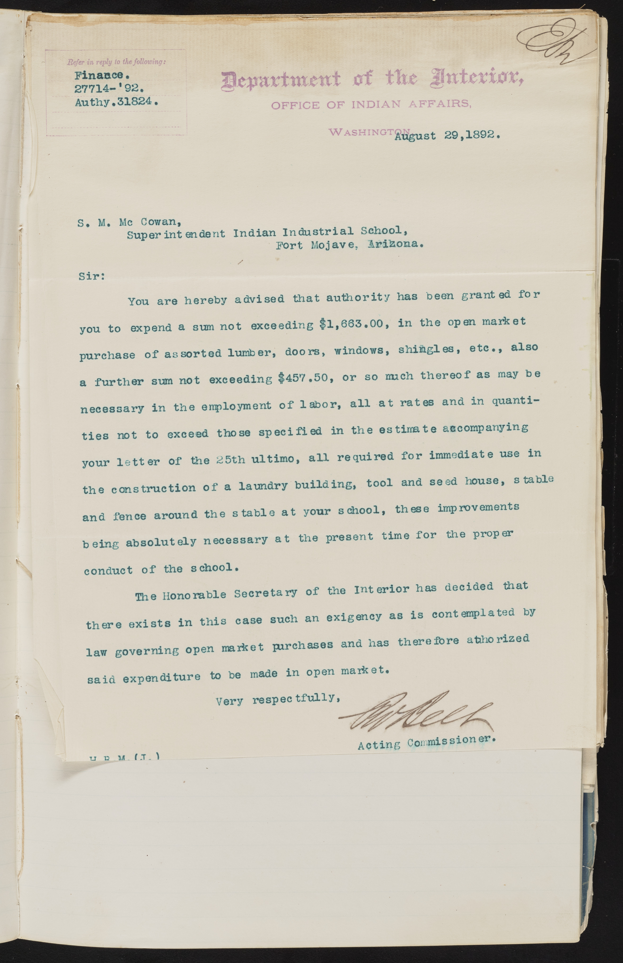 Fort Mojave Industrial School correspondence and a blueprint design of the Fort Mojave Pump Station, Washington (D.C.), 1891-1893, snv002595-51