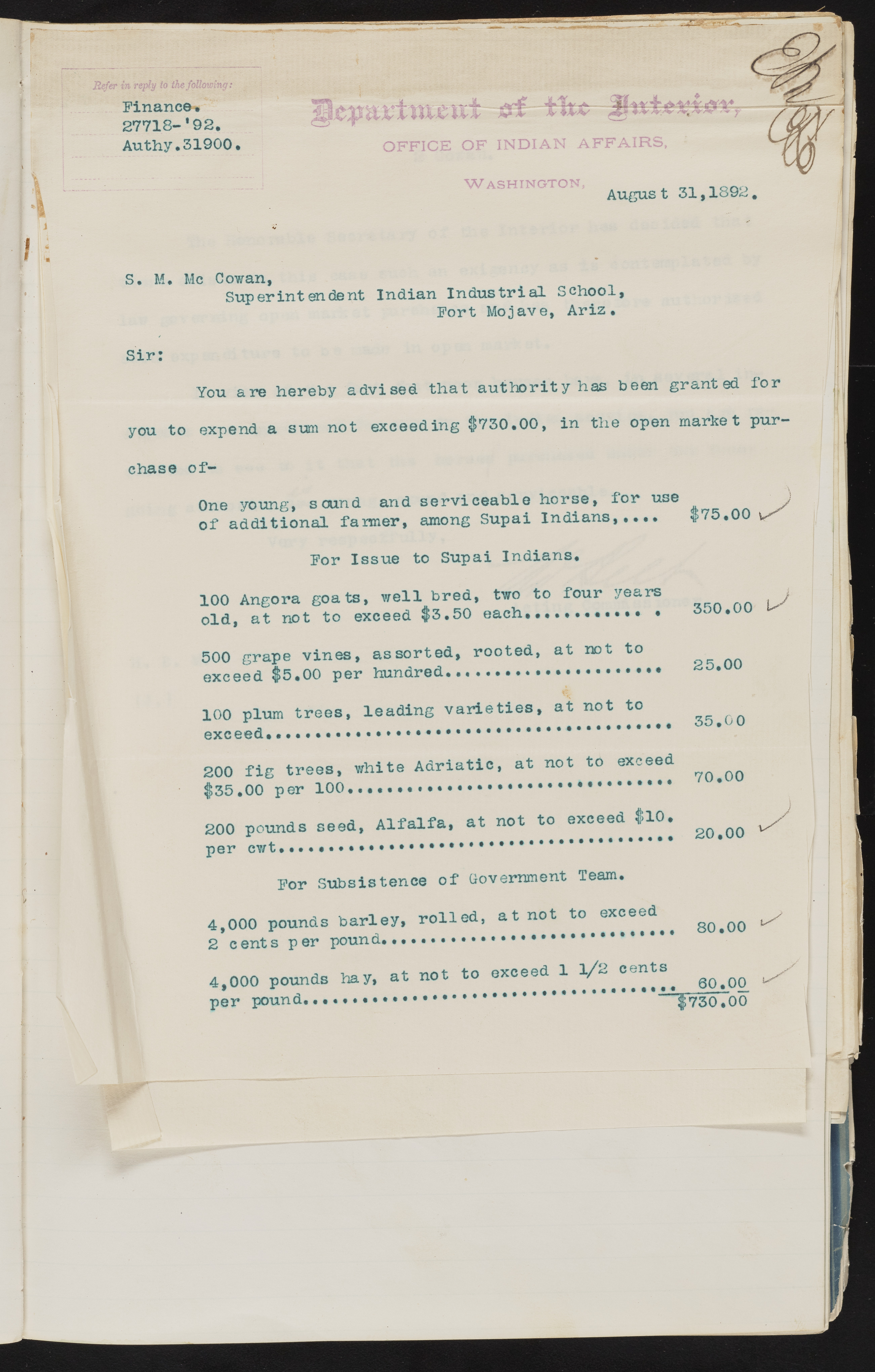 Fort Mojave Industrial School correspondence and a blueprint design of the Fort Mojave Pump Station, Washington (D.C.), 1891-1893, snv002595-53