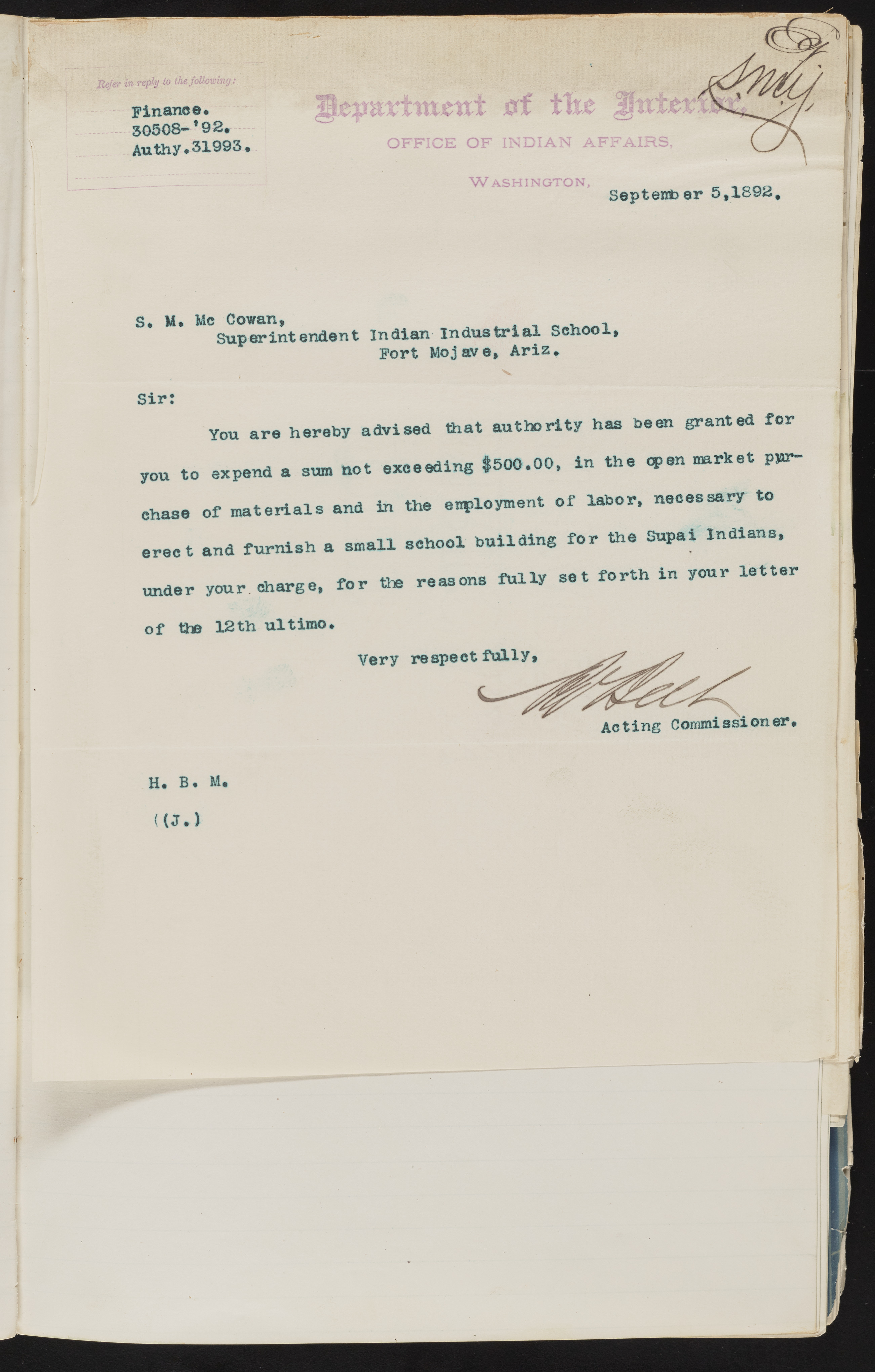 Fort Mojave Industrial School correspondence and a blueprint design of the Fort Mojave Pump Station, Washington (D.C.), 1891-1893, snv002595-55