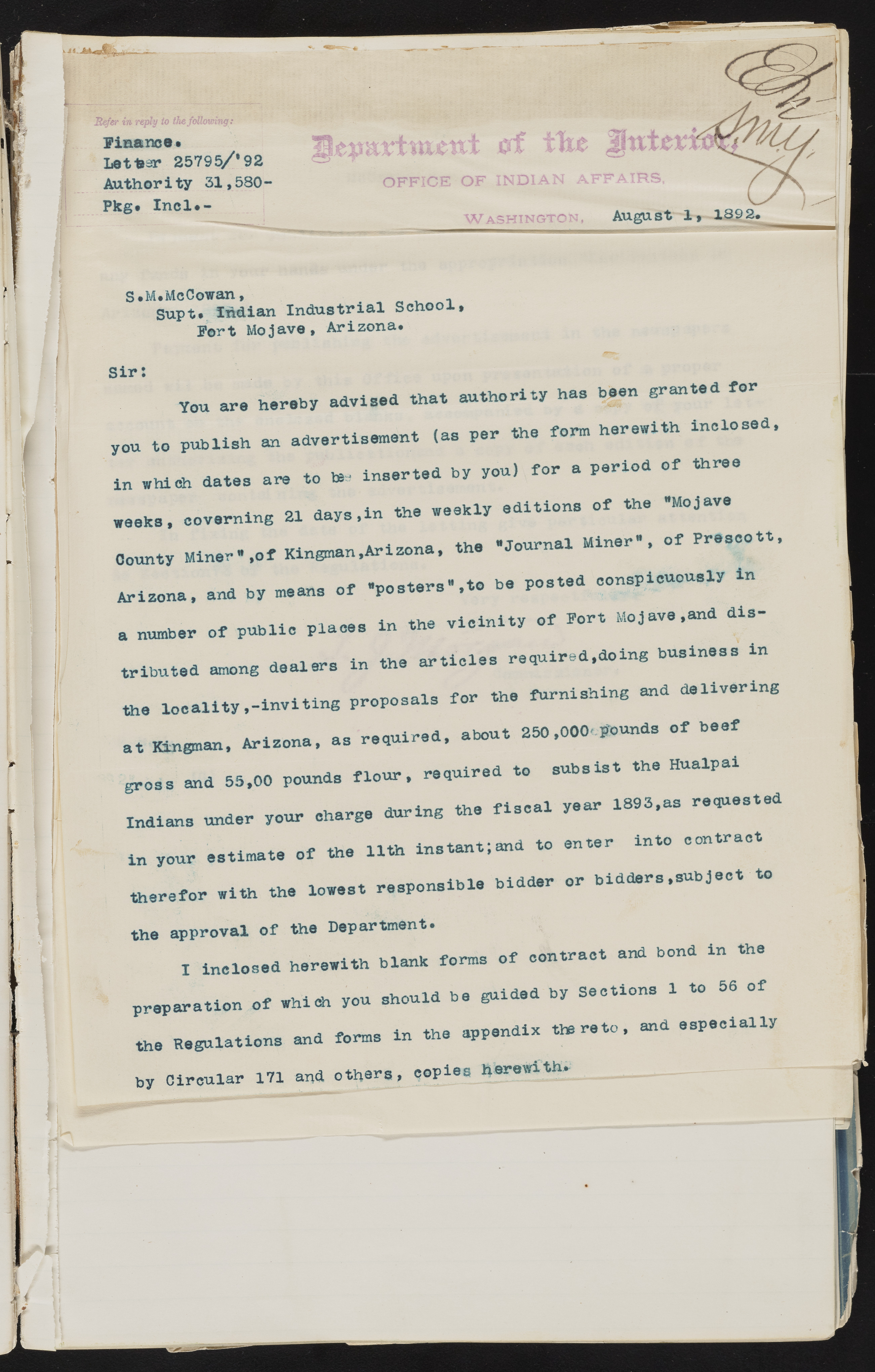 Fort Mojave Industrial School correspondence and a blueprint design of the Fort Mojave Pump Station, Washington (D.C.), 1891-1893, snv002595-57