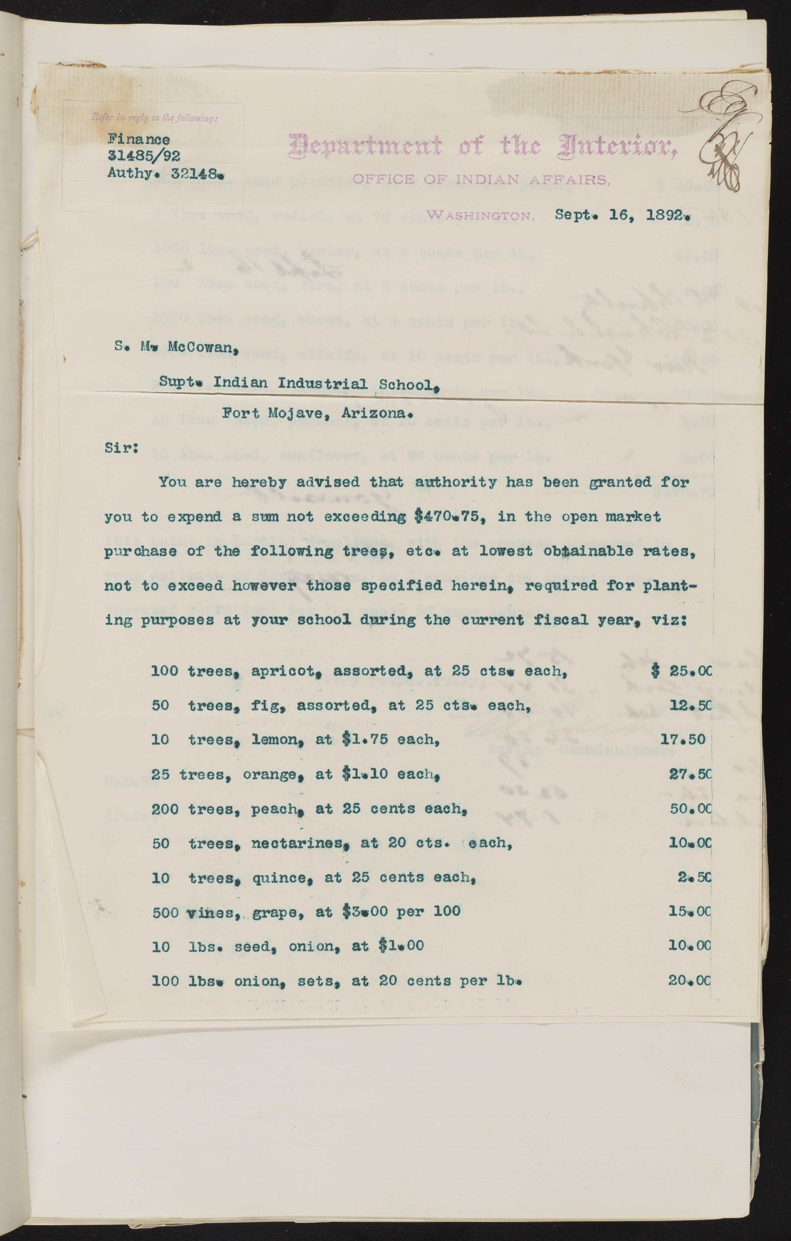 Fort Mojave Industrial School correspondence and a blueprint design of the Fort Mojave Pump Station, Washington (D.C.), 1891-1893, snv002595-59