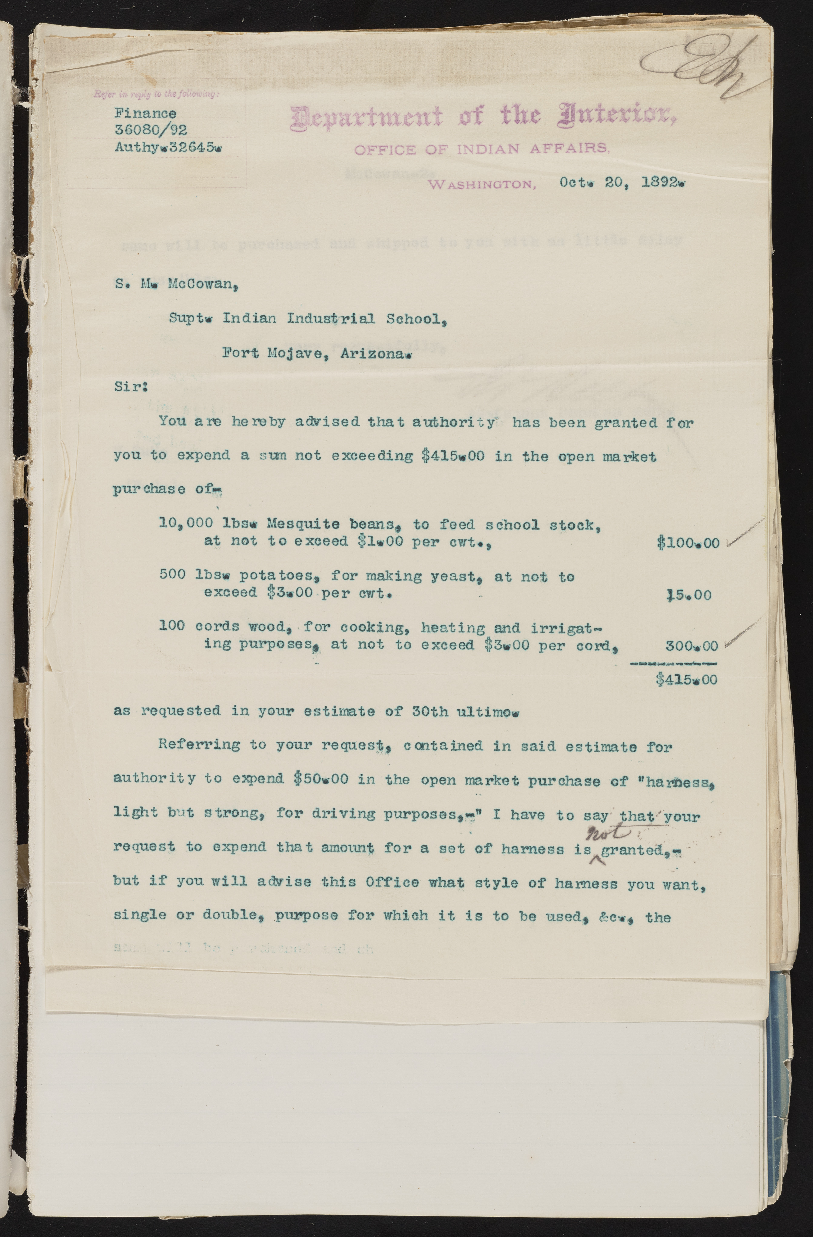 Fort Mojave Industrial School correspondence and a blueprint design of the Fort Mojave Pump Station, Washington (D.C.), 1891-1893, snv002595-64