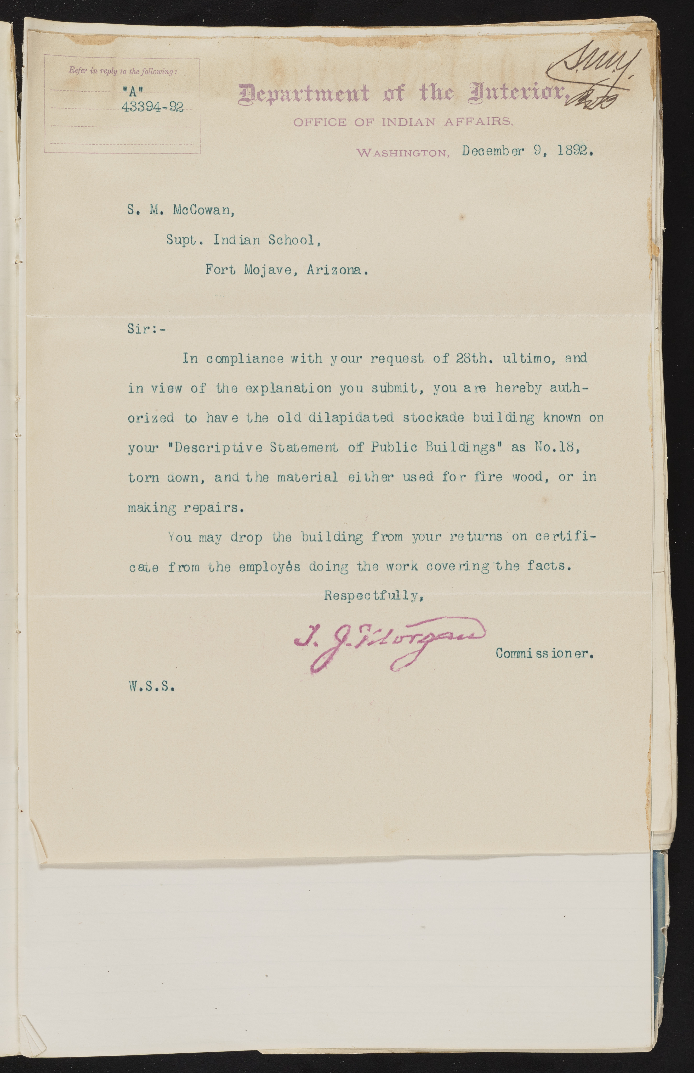 Fort Mojave Industrial School correspondence and a blueprint design of the Fort Mojave Pump Station, Washington (D.C.), 1891-1893, snv002595-69