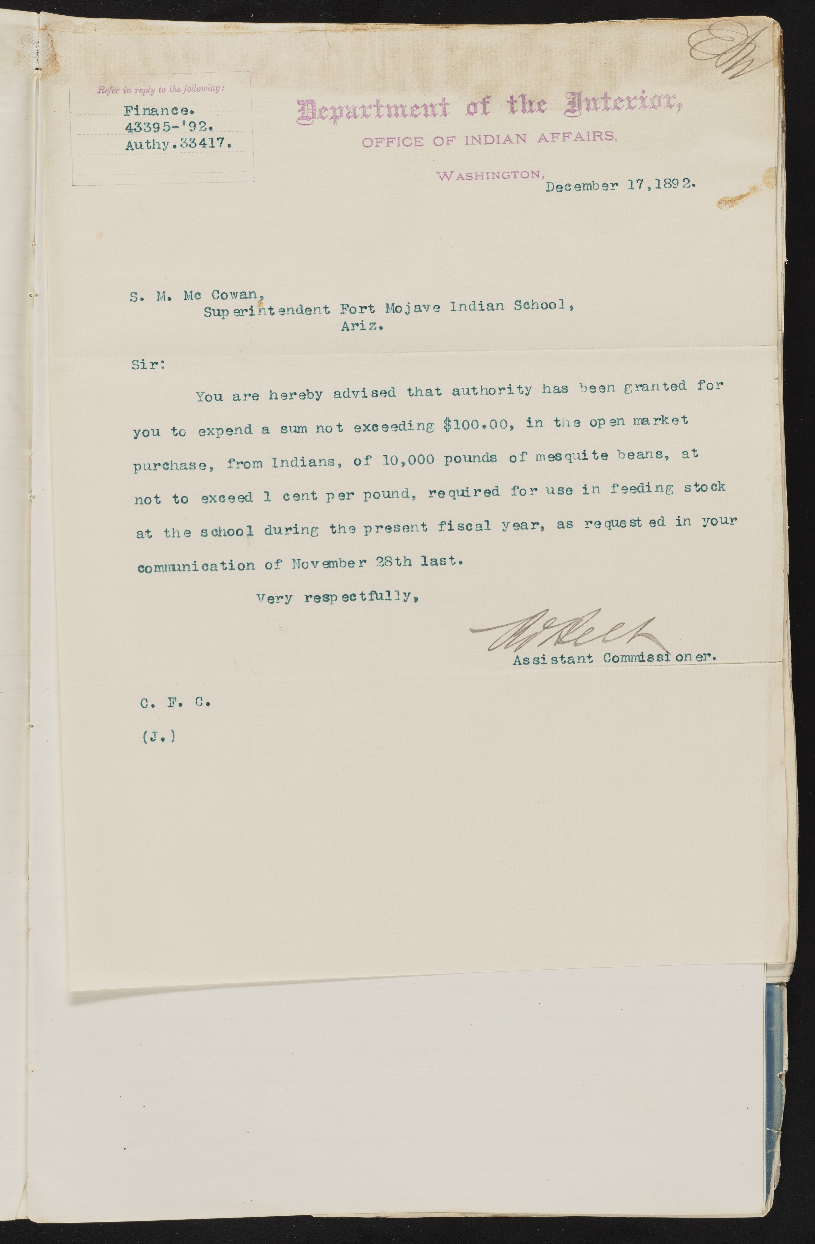 Fort Mojave Industrial School correspondence and a blueprint design of the Fort Mojave Pump Station, Washington (D.C.), 1891-1893, snv002595-70