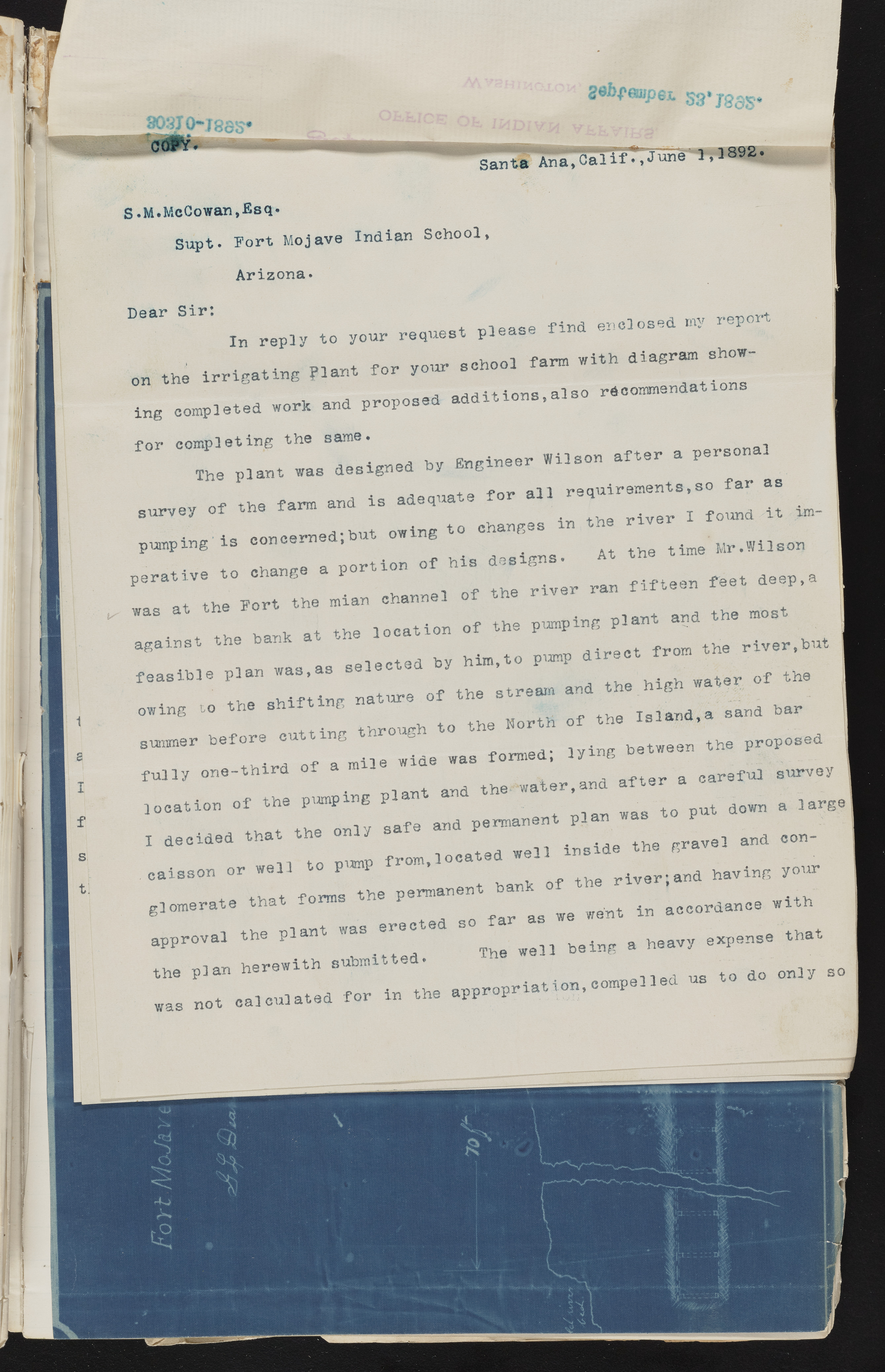 Fort Mojave Industrial School correspondence and a blueprint design of the Fort Mojave Pump Station, Washington (D.C.), 1891-1893, snv002595-73