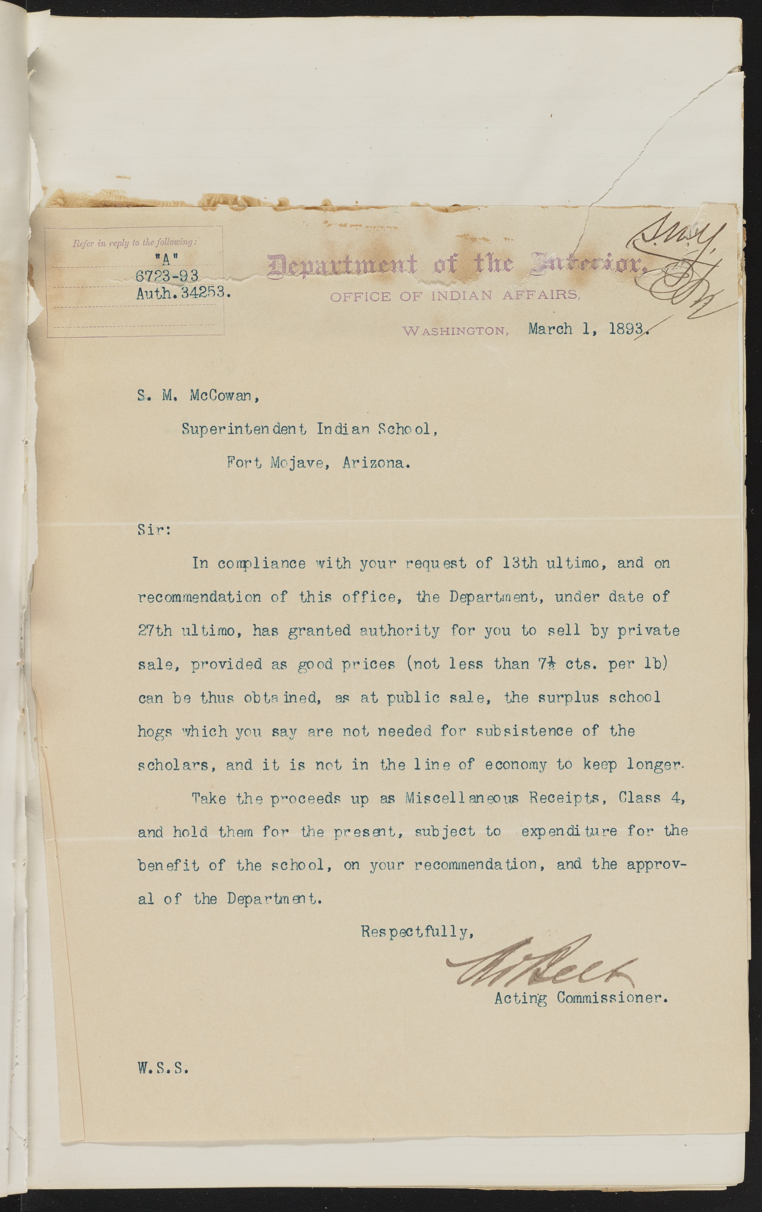 Fort Mojave Industrial School correspondence and a blueprint design of the Fort Mojave Pump Station, Washington (D.C.), 1891-1893, snv002595-81